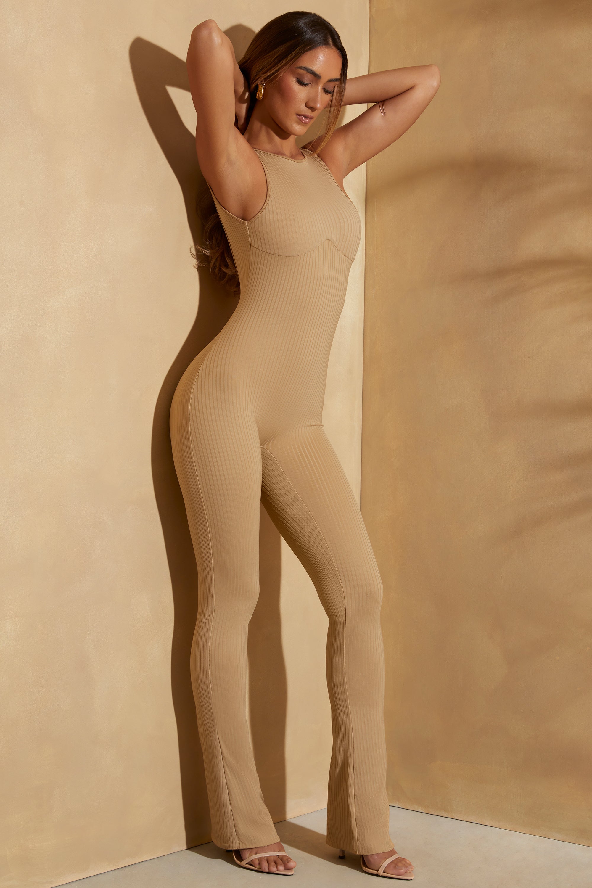 Citra Petite Ribbed Cut Out Back Jumpsuit in Tan - Image 11