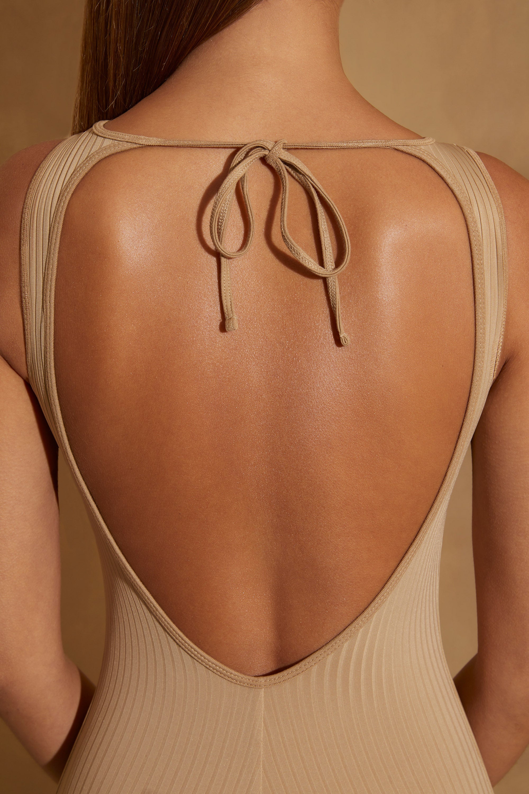 Citra Petite Ribbed Cut Out Back Jumpsuit in Tan - Image 5