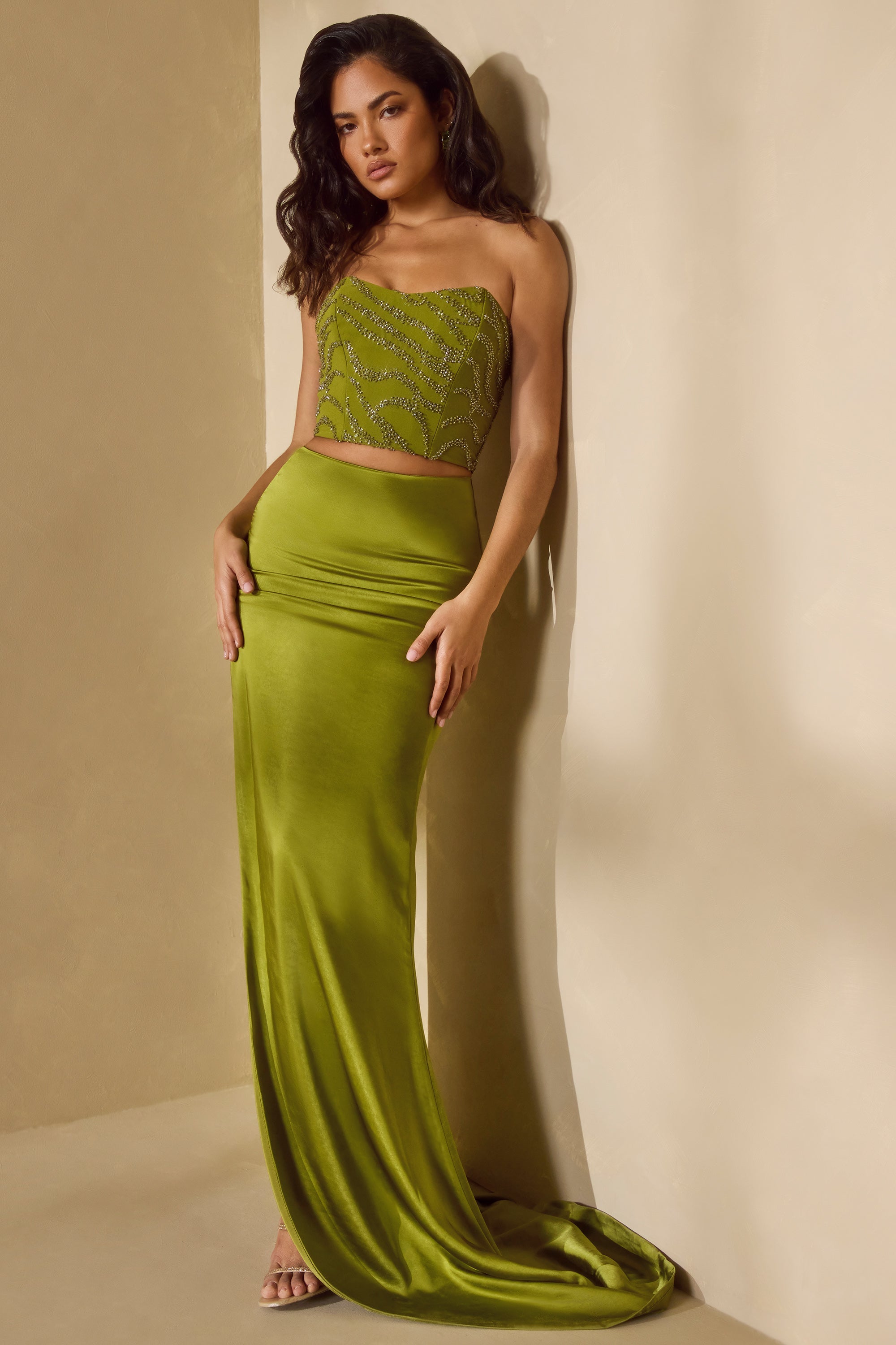 Amara Satin High Slit Maxi Skirt with Train in Olive - Image 7
