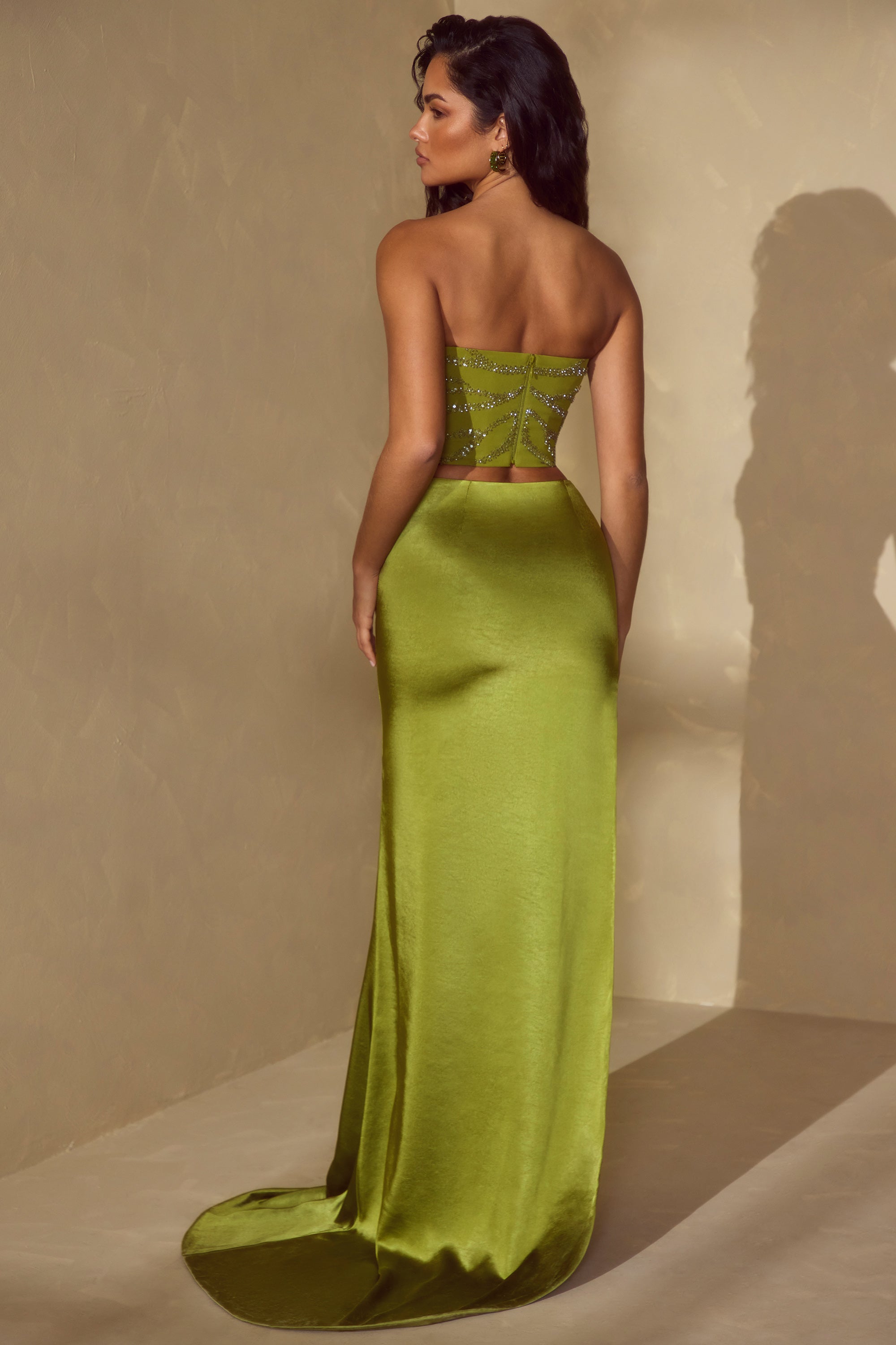 Amara Satin High Slit Maxi Skirt with Train in Olive - Image 2