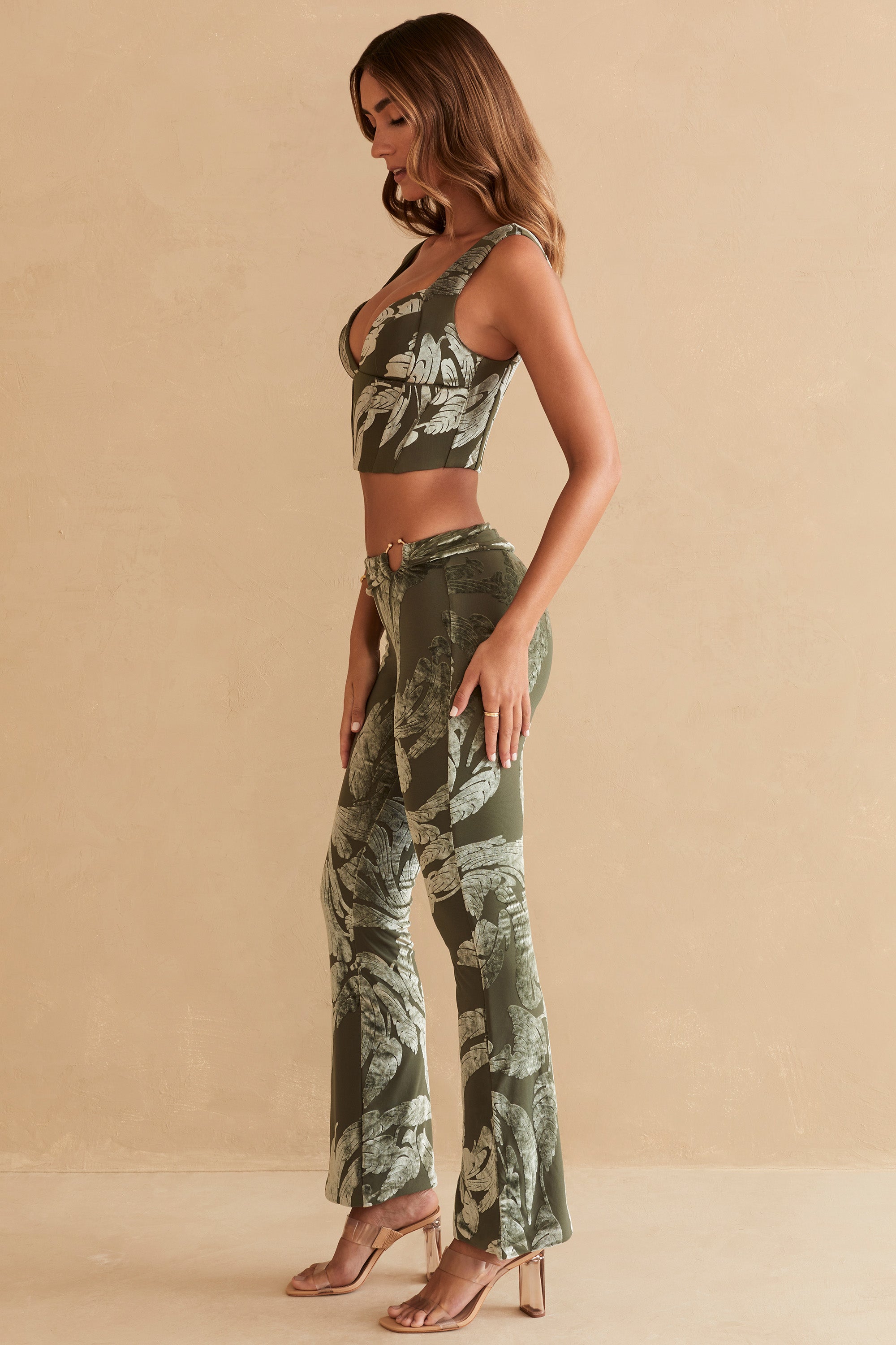 Defne Ring Detail Bootleg Trousers in Olive Print - Image 3
