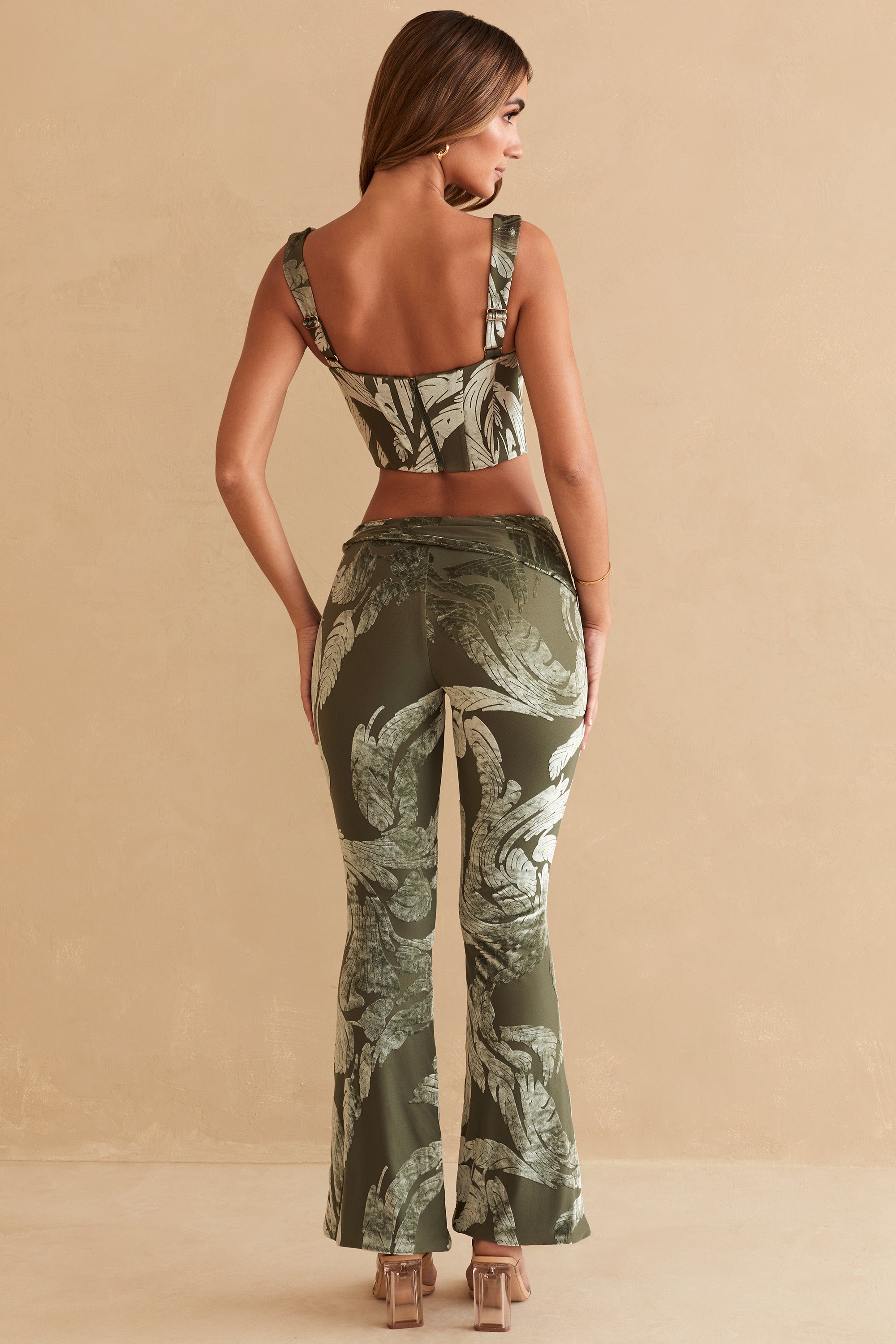 Defne Ring Detail Bootleg Trousers in Olive Print - Image 2