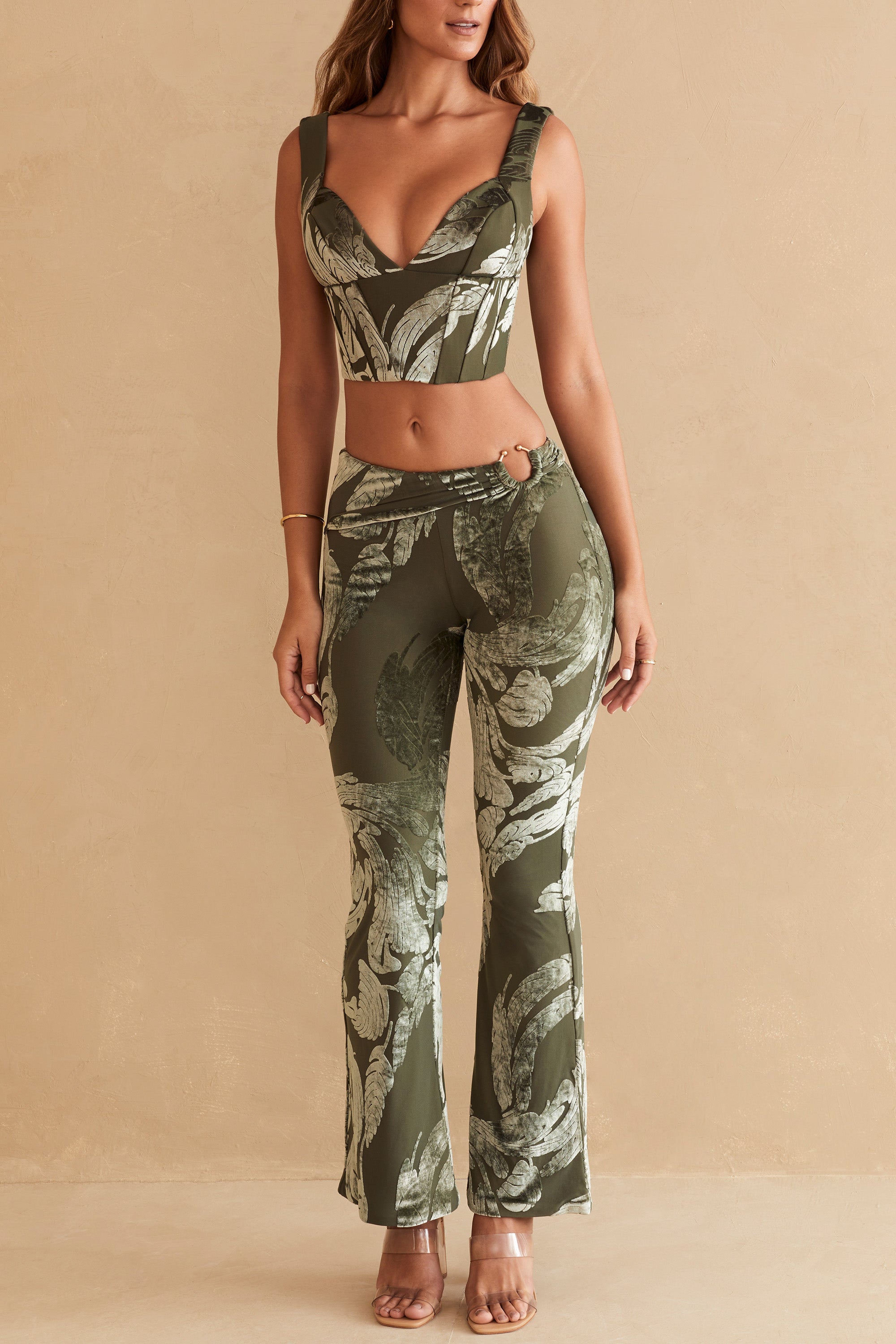 Defne Ring Detail Bootleg Trousers in Olive Print - Image 5