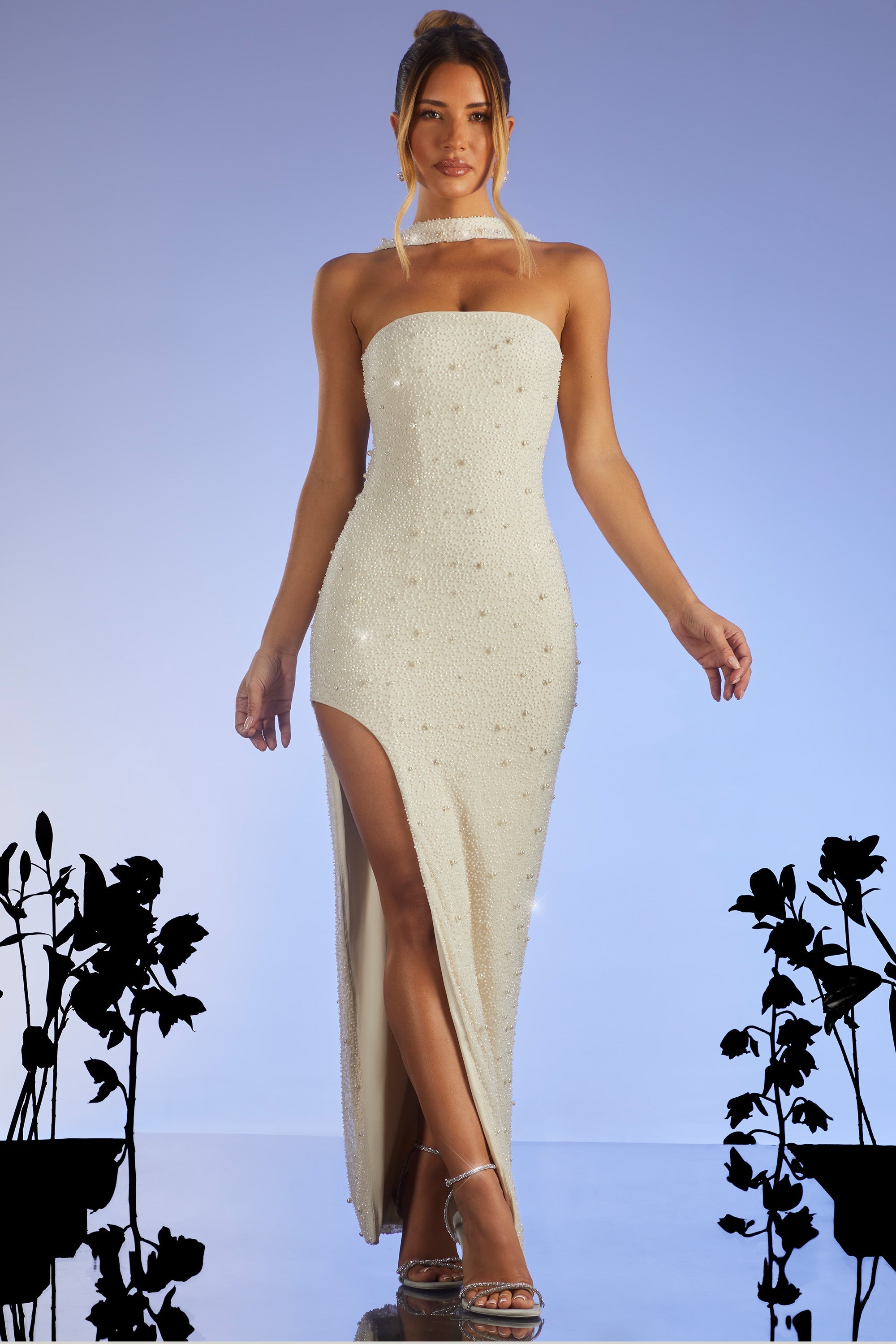 Belgravia Embellished Bandeau Thigh Split Maxi Dress in Ivory