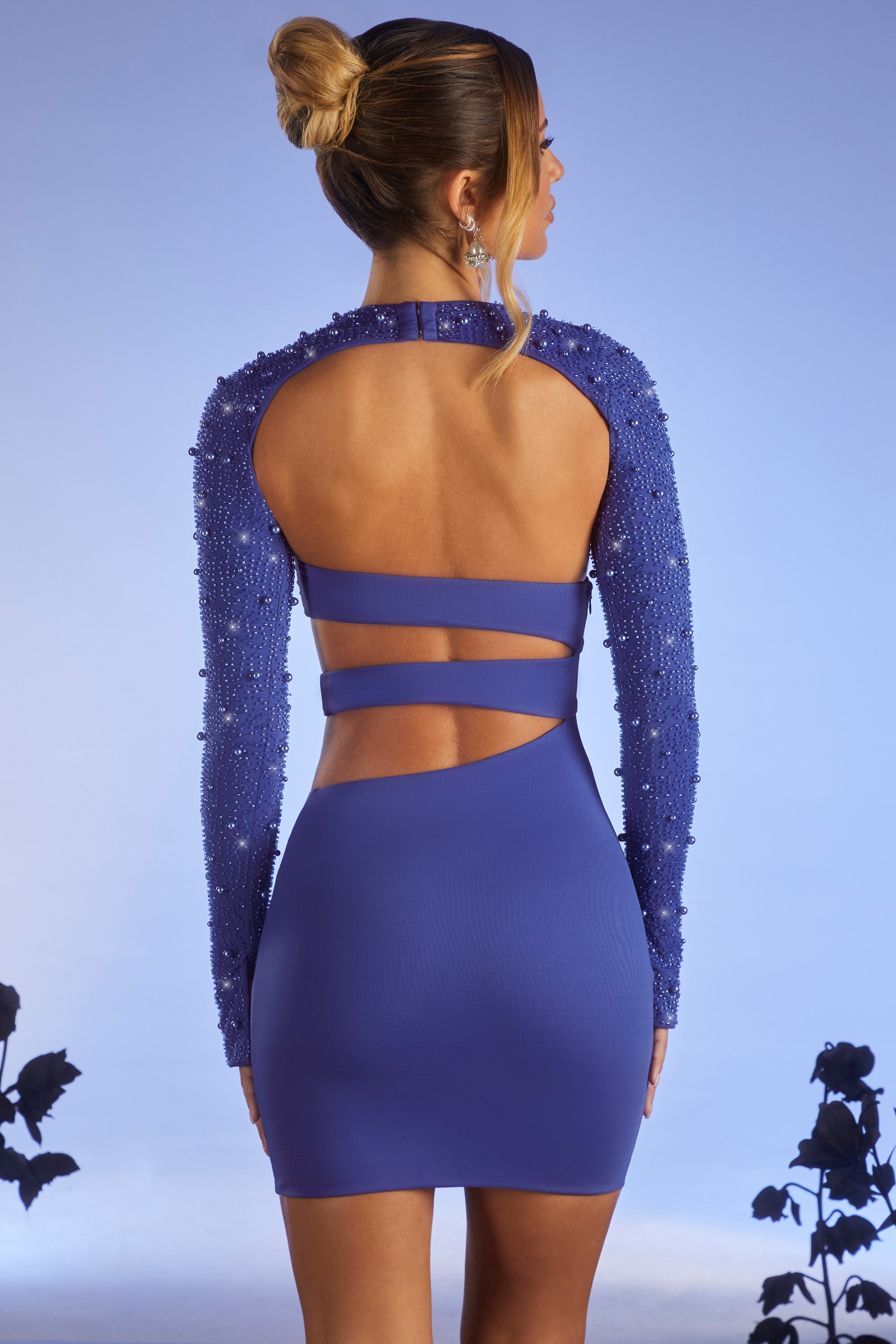 Mayfair Embellished Long Sleeve Cut Out Mini Dress in Dark Blue - Image 2