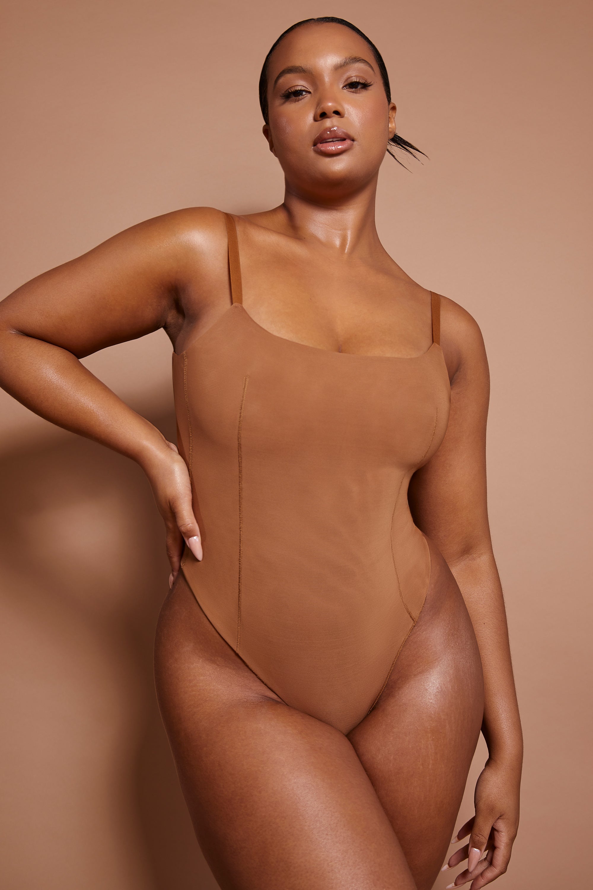 Intimates Soft Mesh Bodysuit in Almond