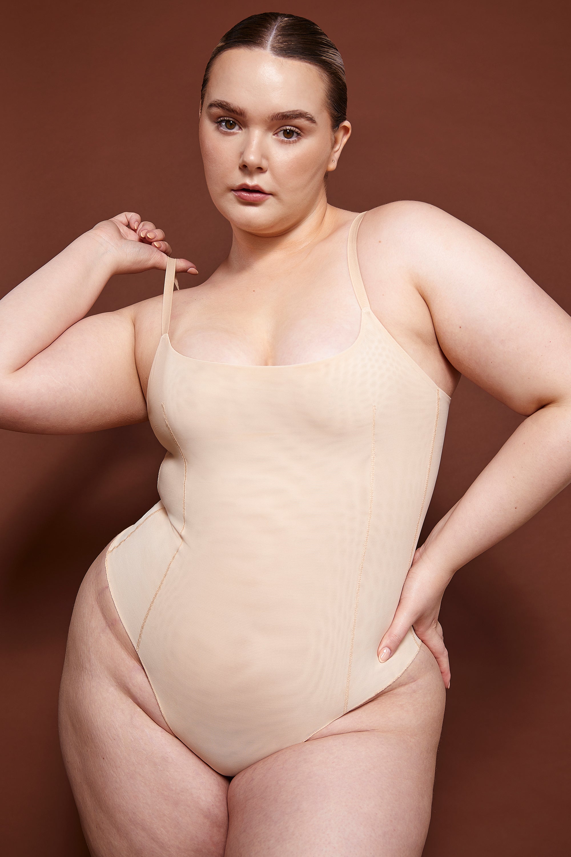 Intimates Soft Mesh Bodysuit in Beige
