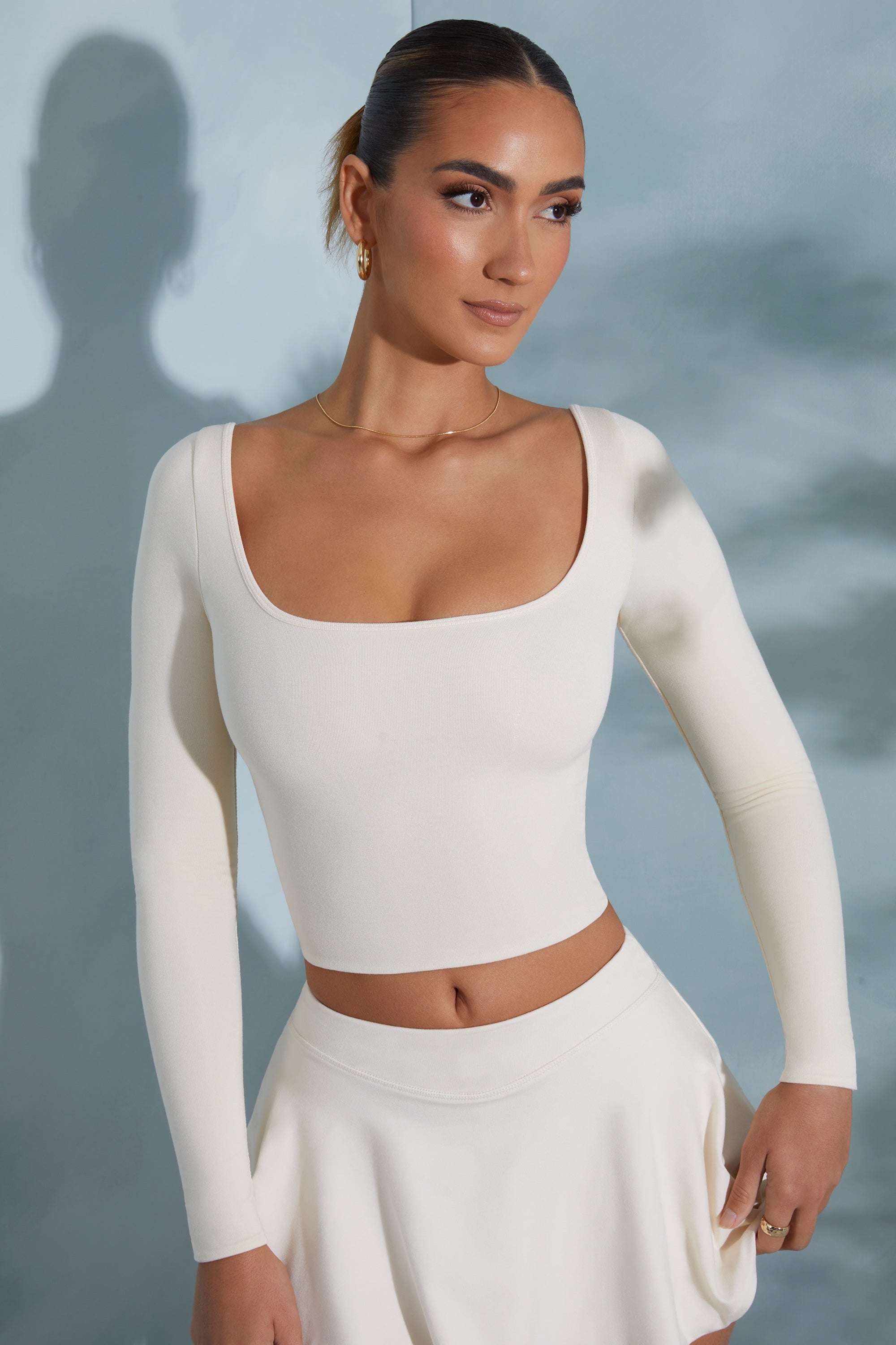 Nadiya Rounded Square Neck Long Sleeve Top in Ivory - Image 5
