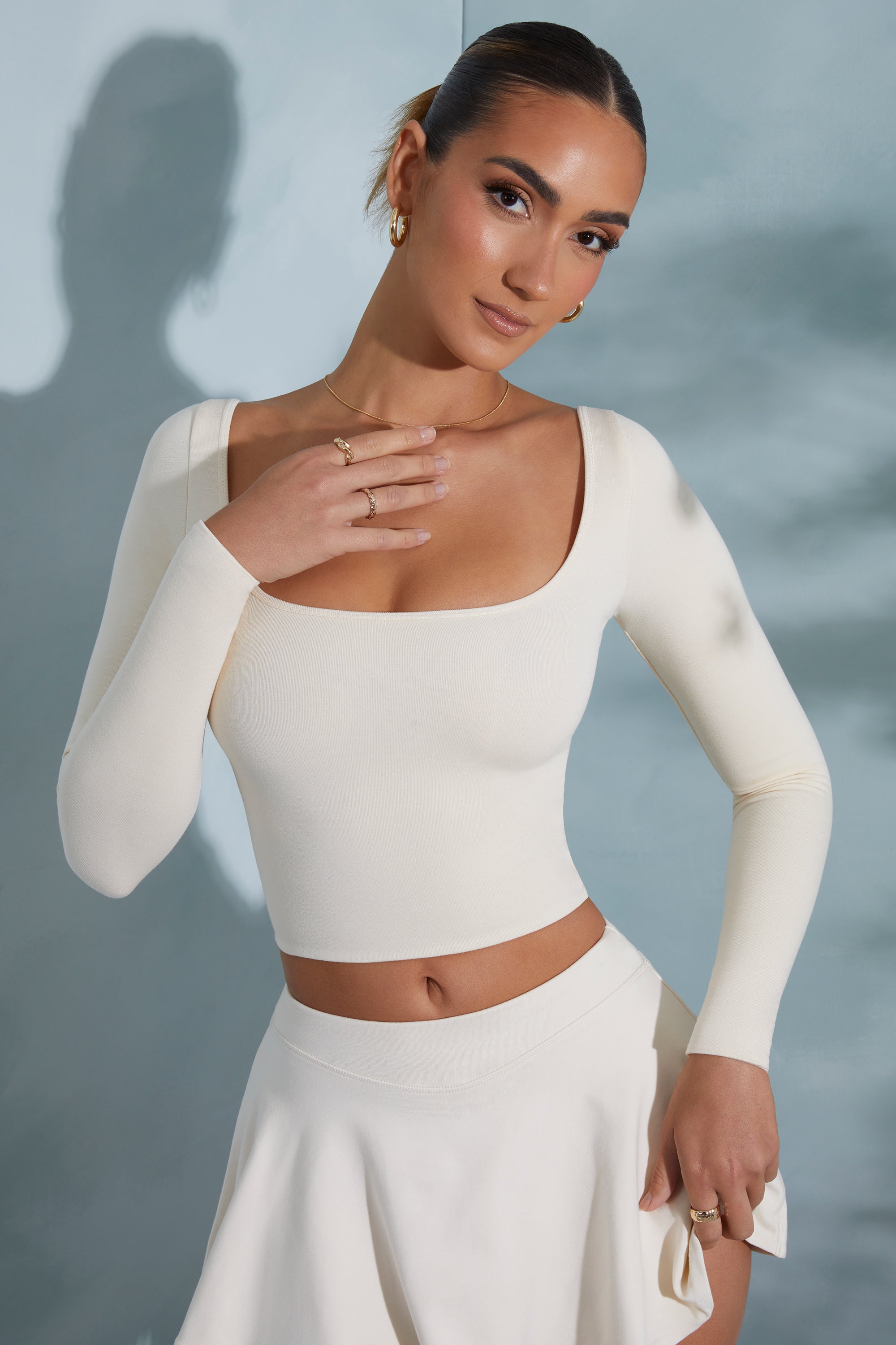 Nadiya Rounded Square Neck Long Sleeve Top in Ivory