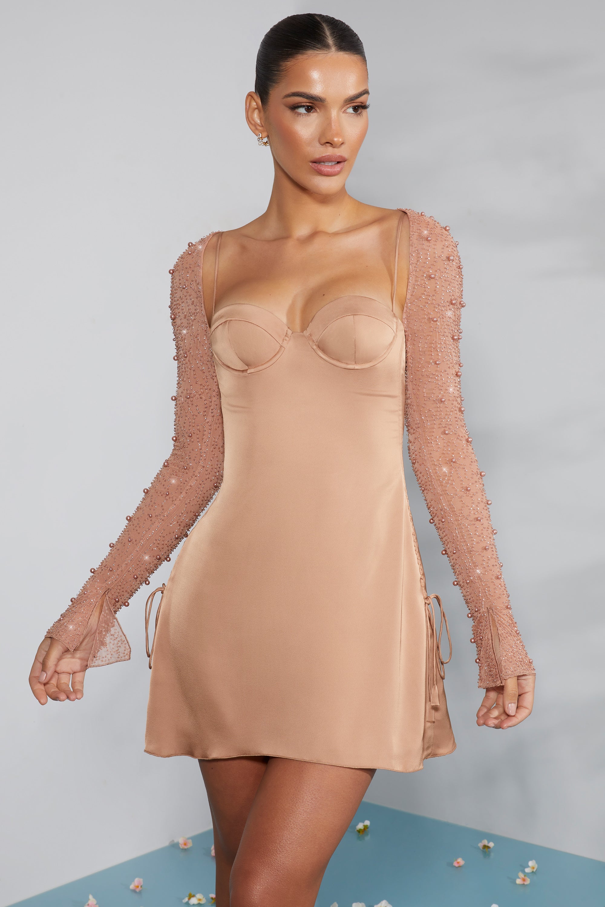 Geneva Long Sleeve Embellished A-line Mini Dress in Beige - Image 9