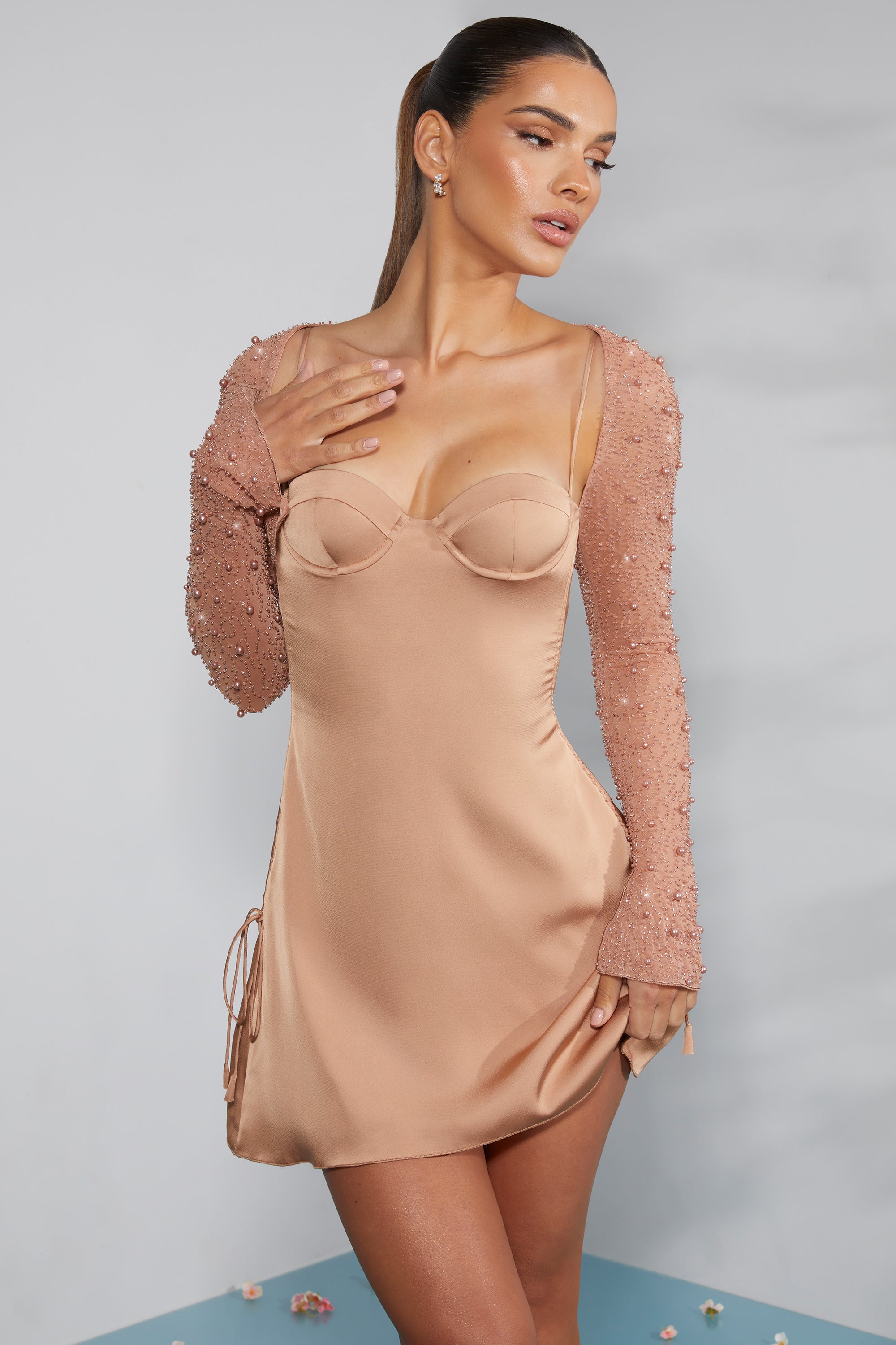 Geneva Long Sleeve Embellished A-line Mini Dress in Beige - Image 5
