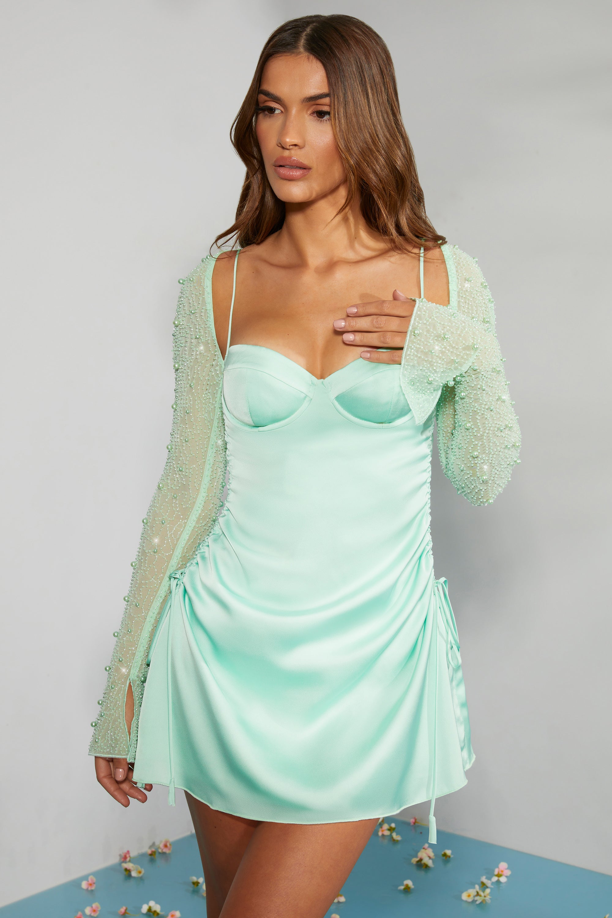Geneva Long Sleeve Embellished A-line Mini Dress in Mint - Image 8