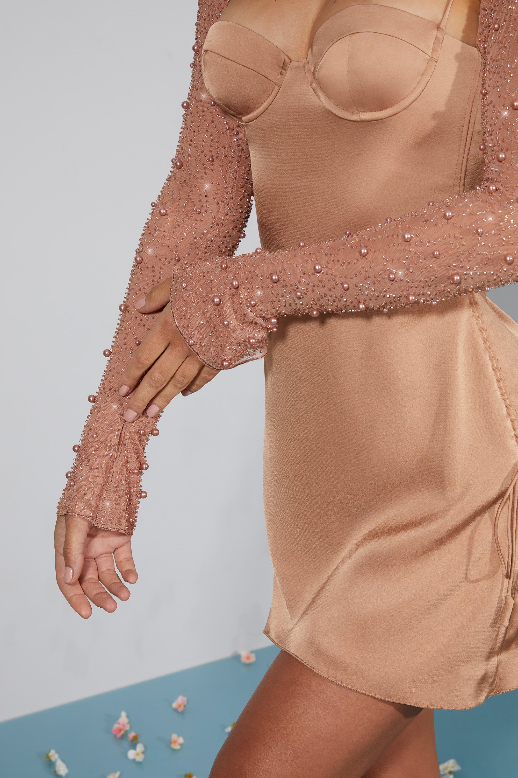 Geneva Long Sleeve Embellished A-line Mini Dress in Beige - Image 6