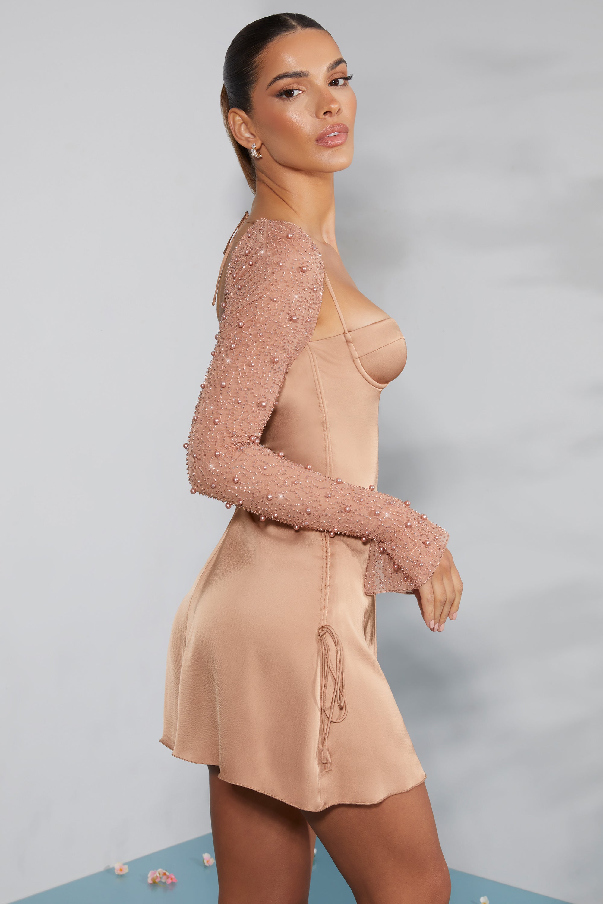 Geneva Long Sleeve Embellished A-line Mini Dress in Beige - Image 3