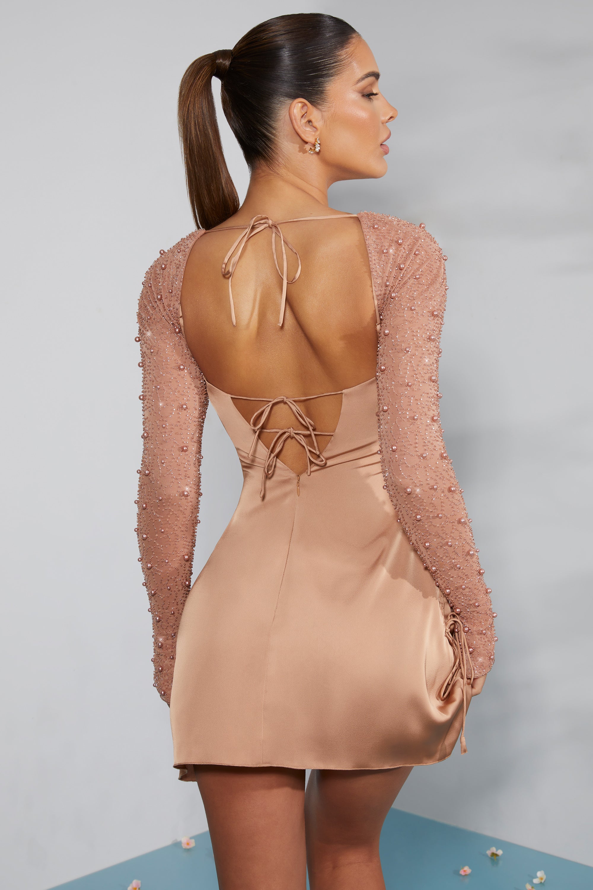 Geneva Long Sleeve Embellished A-line Mini Dress in Beige - Image 2