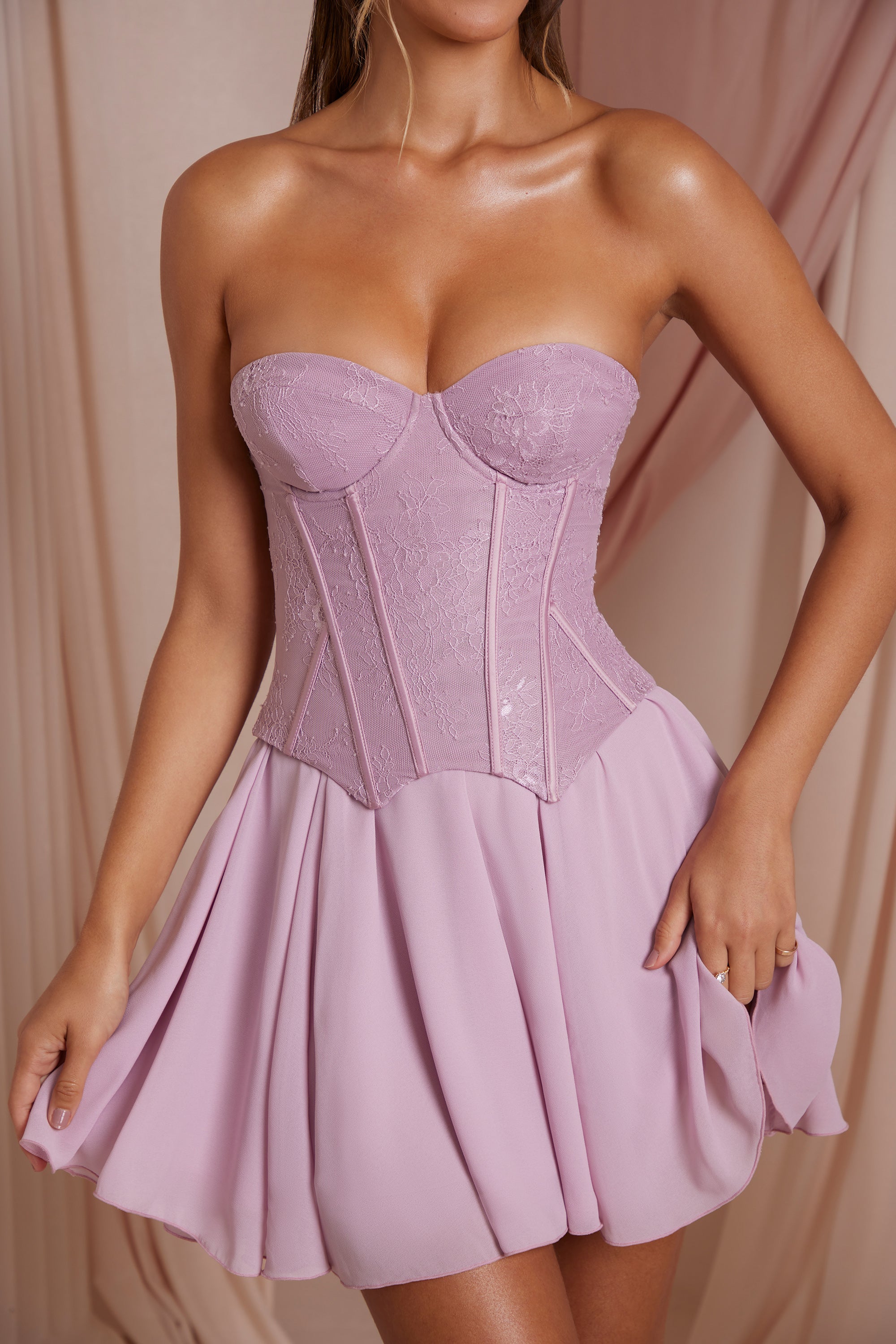 Chloe Strapless Lace Corset Mini Dress in Dusty Pink - Image 4