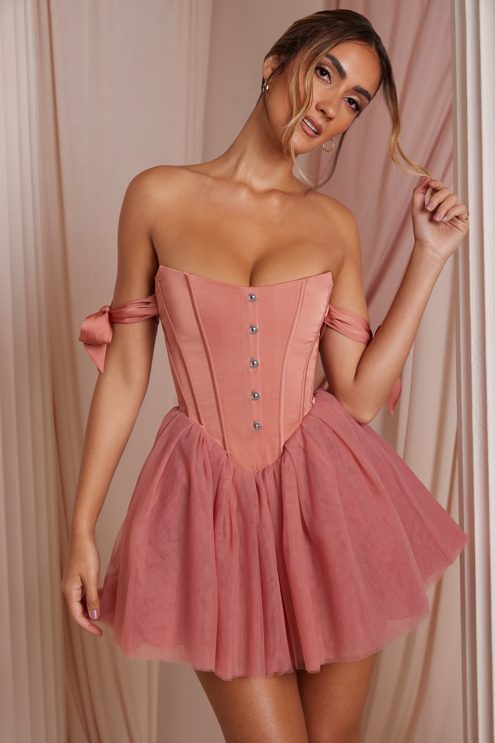 Reine Off Shoulder Tulle Skirt Mini Dress in Terracotta - Image 8