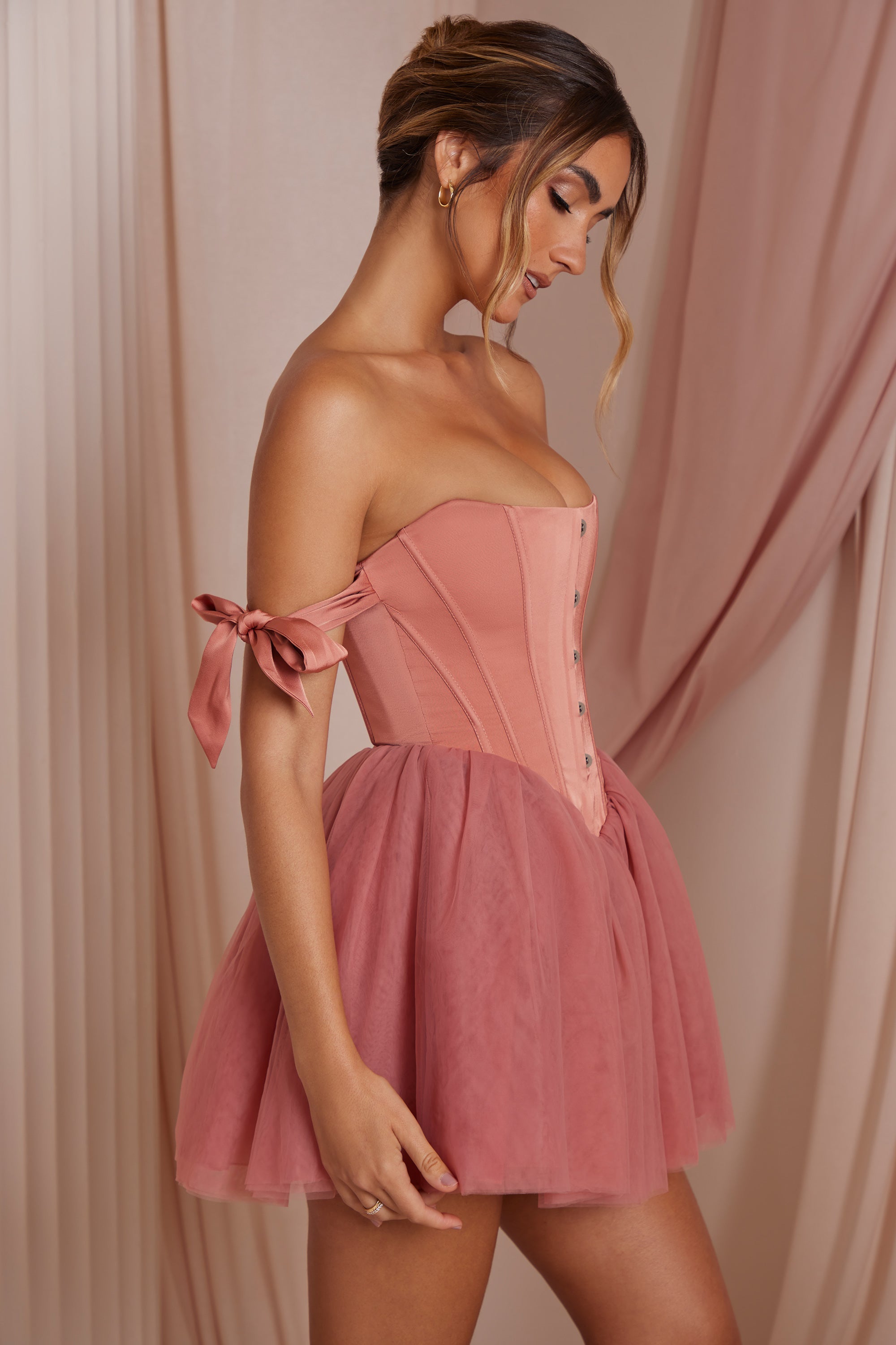 Reine Off Shoulder Tulle Skirt Mini Dress in Terracotta - Image 3