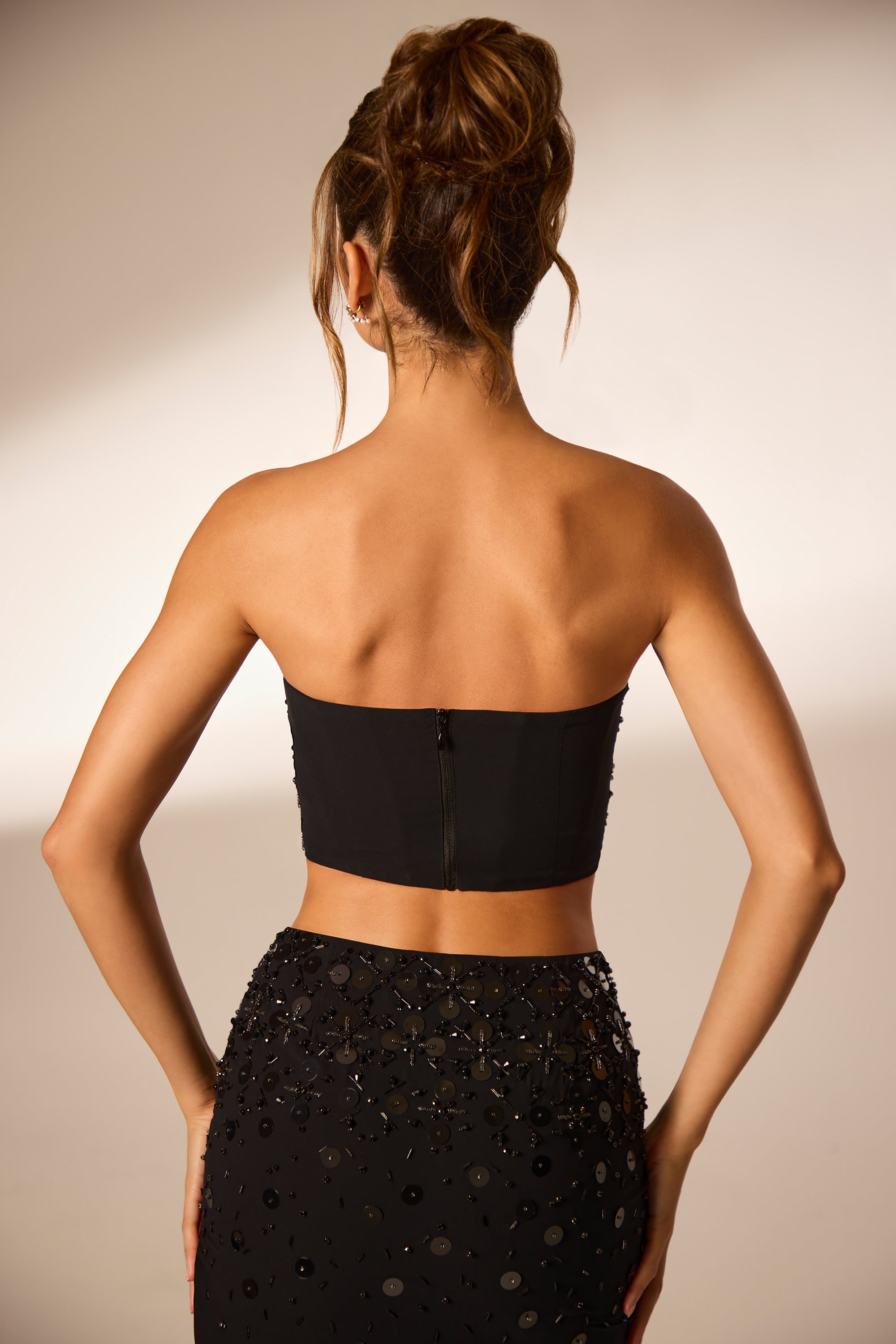 Maia Hand Embellished Bandeau Corset Crop Top in Black - Image 2