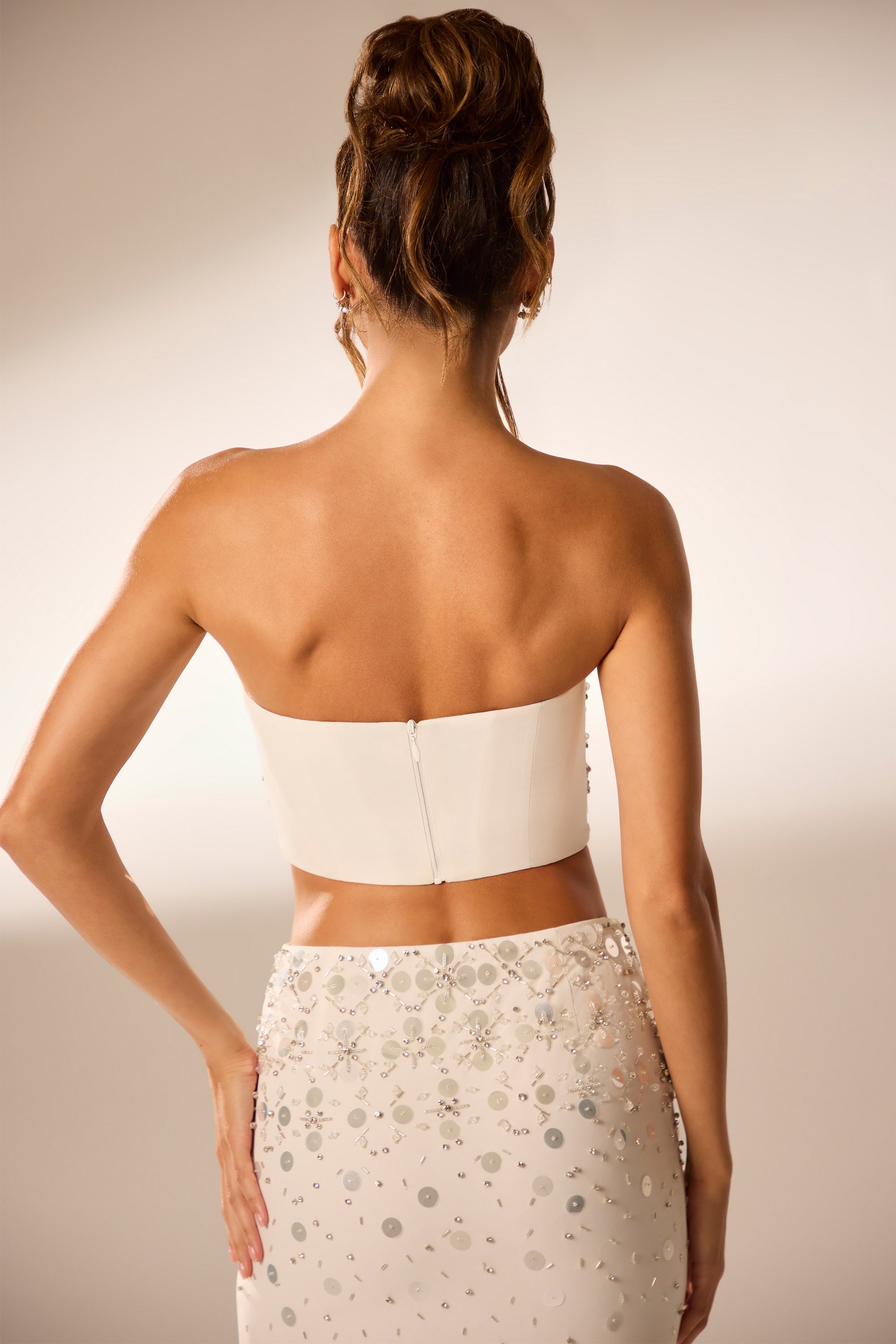 Maia Hand Embellished Bandeau Corset Crop Top in Ivory - Image 2