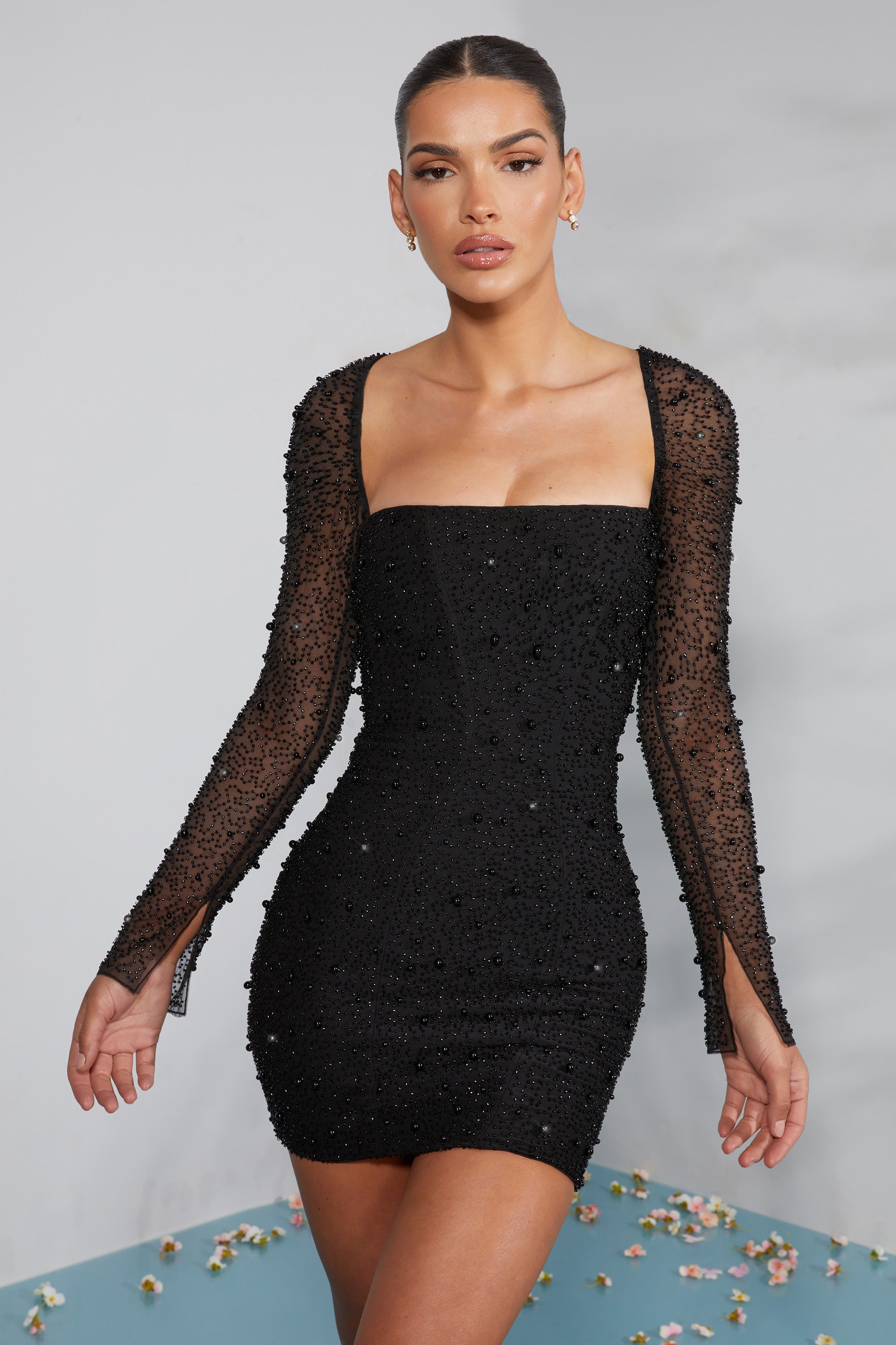 Milan Long Sleeve Embellished Corset Mini Dress in Black - Image 8