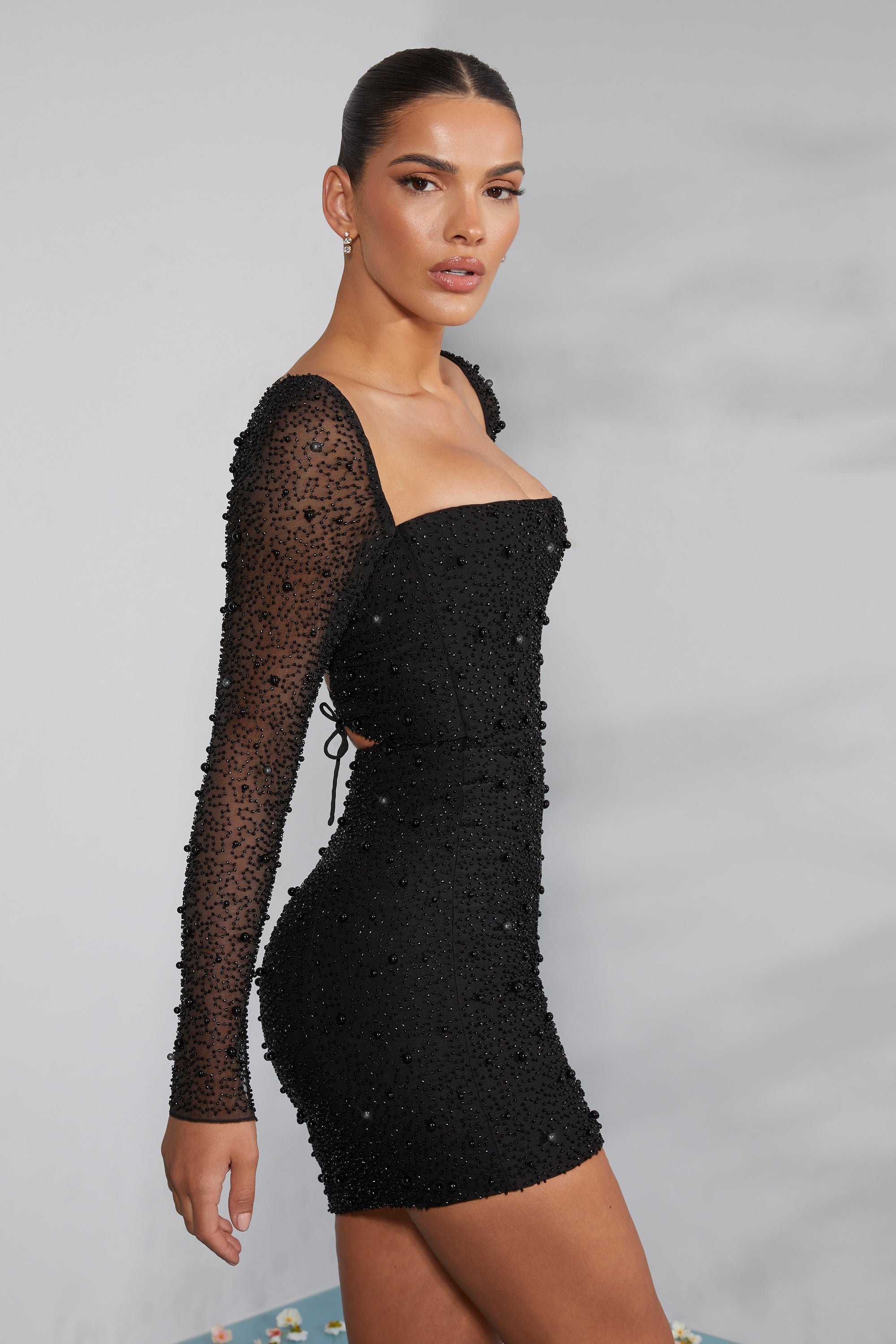 Milan Long Sleeve Embellished Corset Mini Dress in Black - Image 6