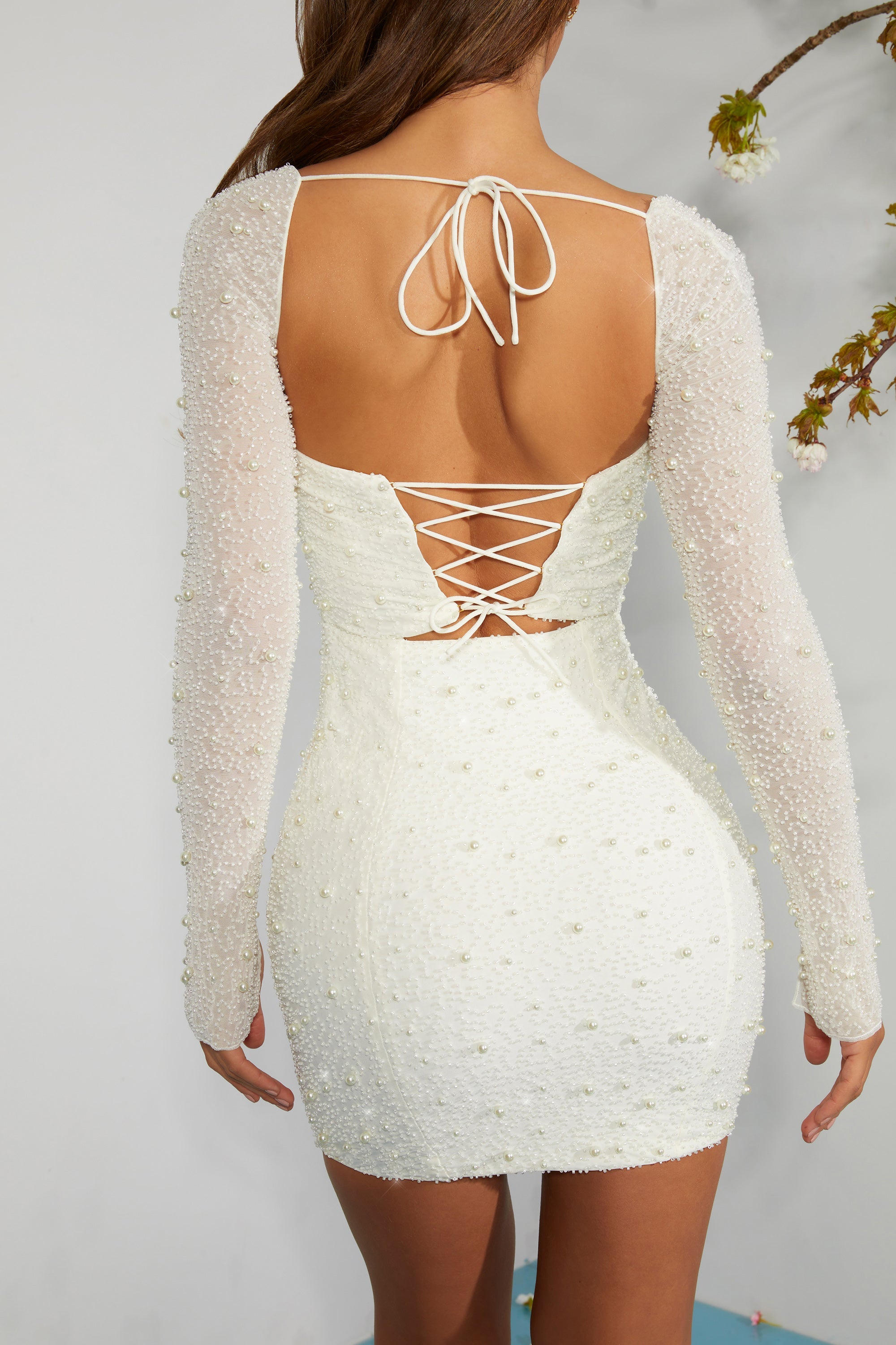 Milan Long Sleeve Embellished Corset Mini Dress in Ivory - Image 6