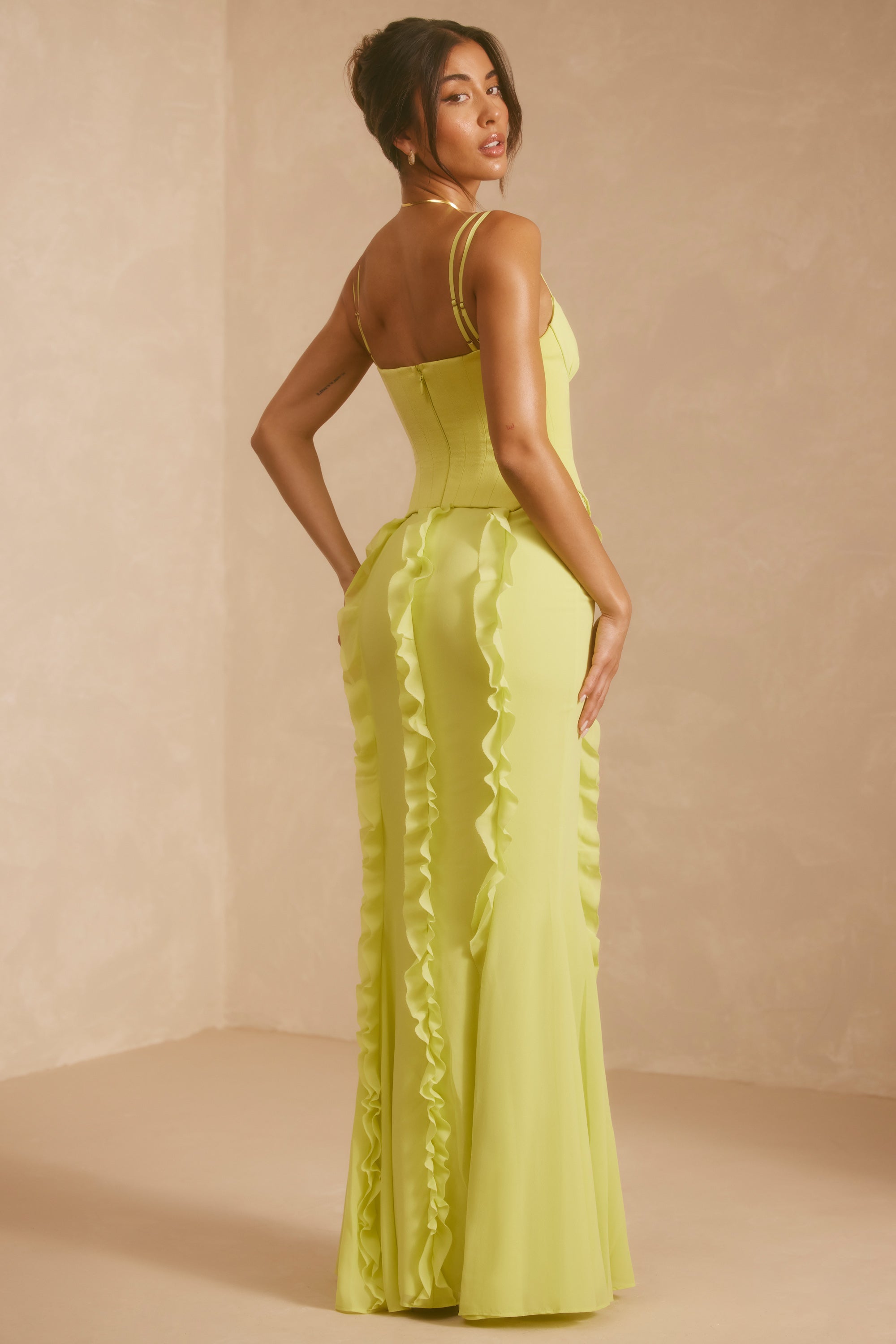 Corset Frill Skirt Maxi Dress in Lime Green - Image 6