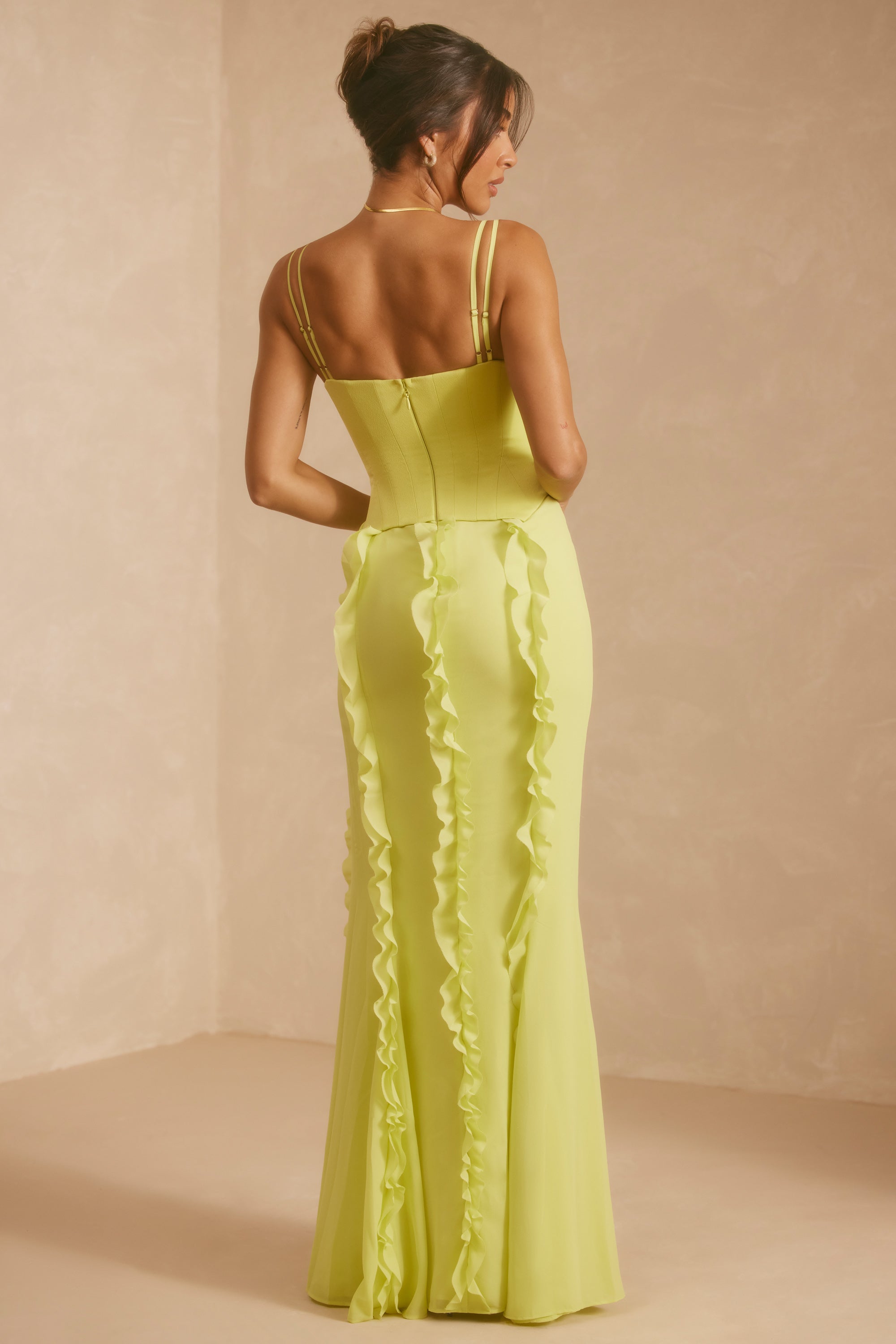 Corset Frill Skirt Maxi Dress in Lime Green - Image 2
