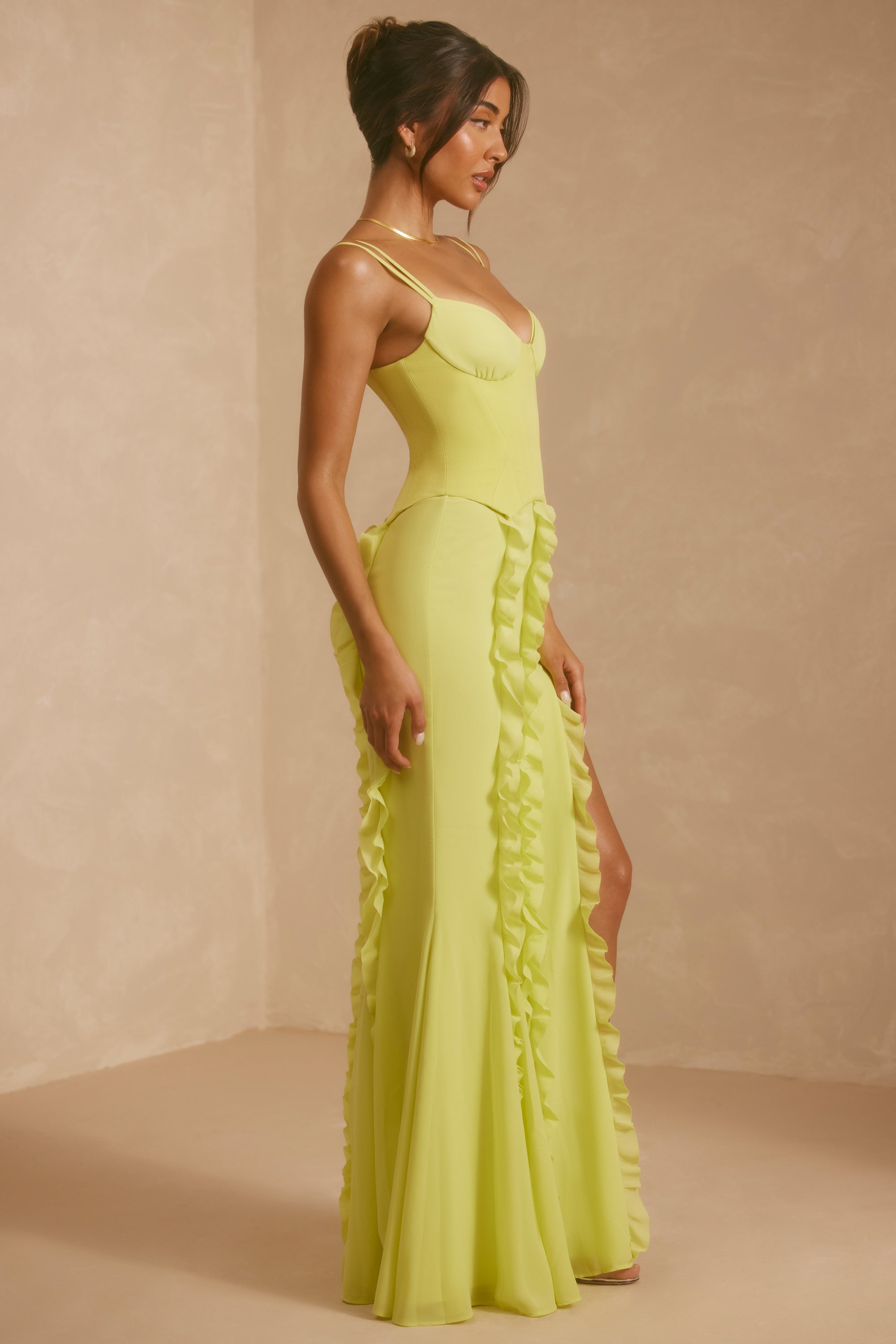 Corset Frill Skirt Maxi Dress in Lime Green - Image 3