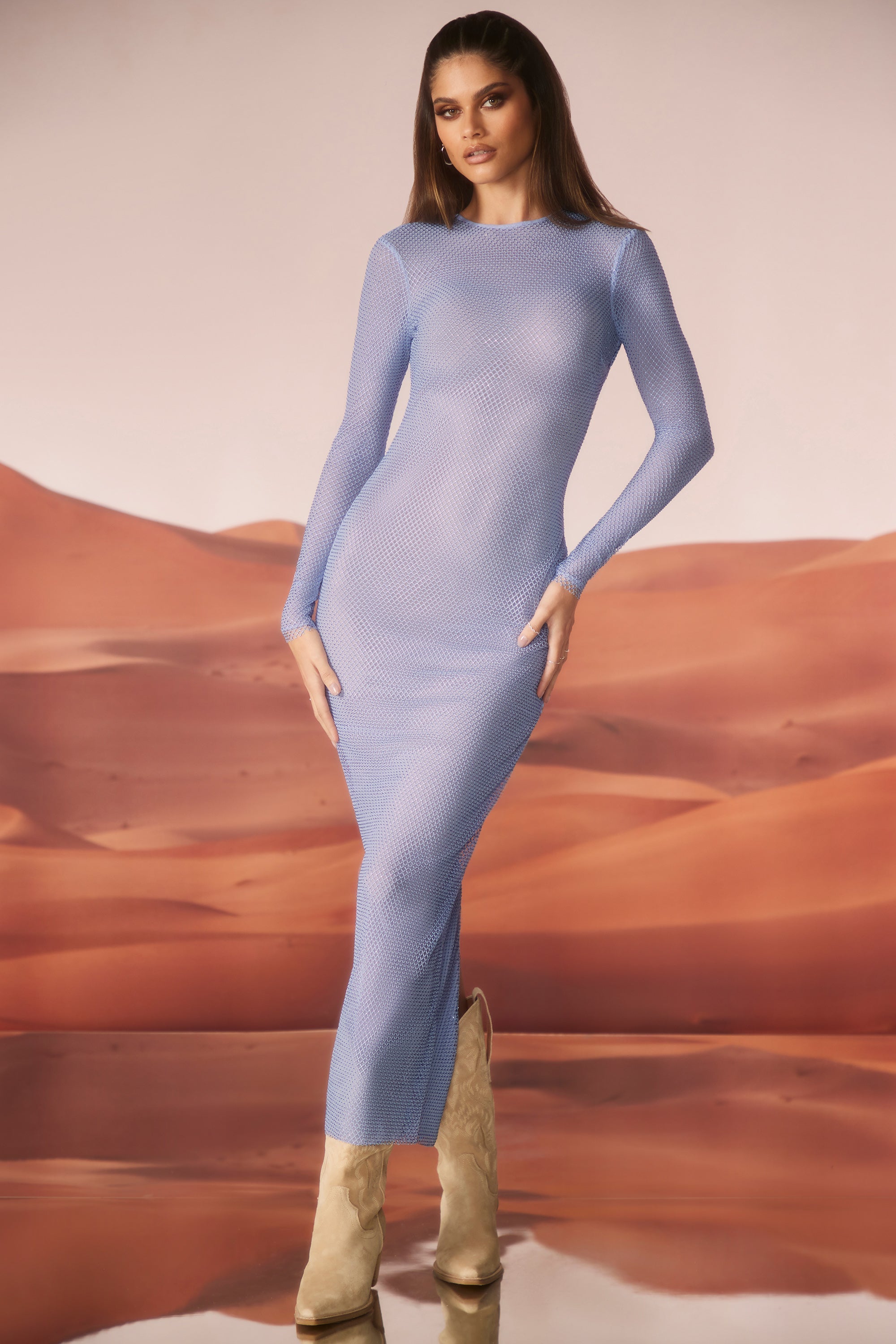 Yasmin Embellished Long Sleeve Maxi Dress in Blue - Image 5