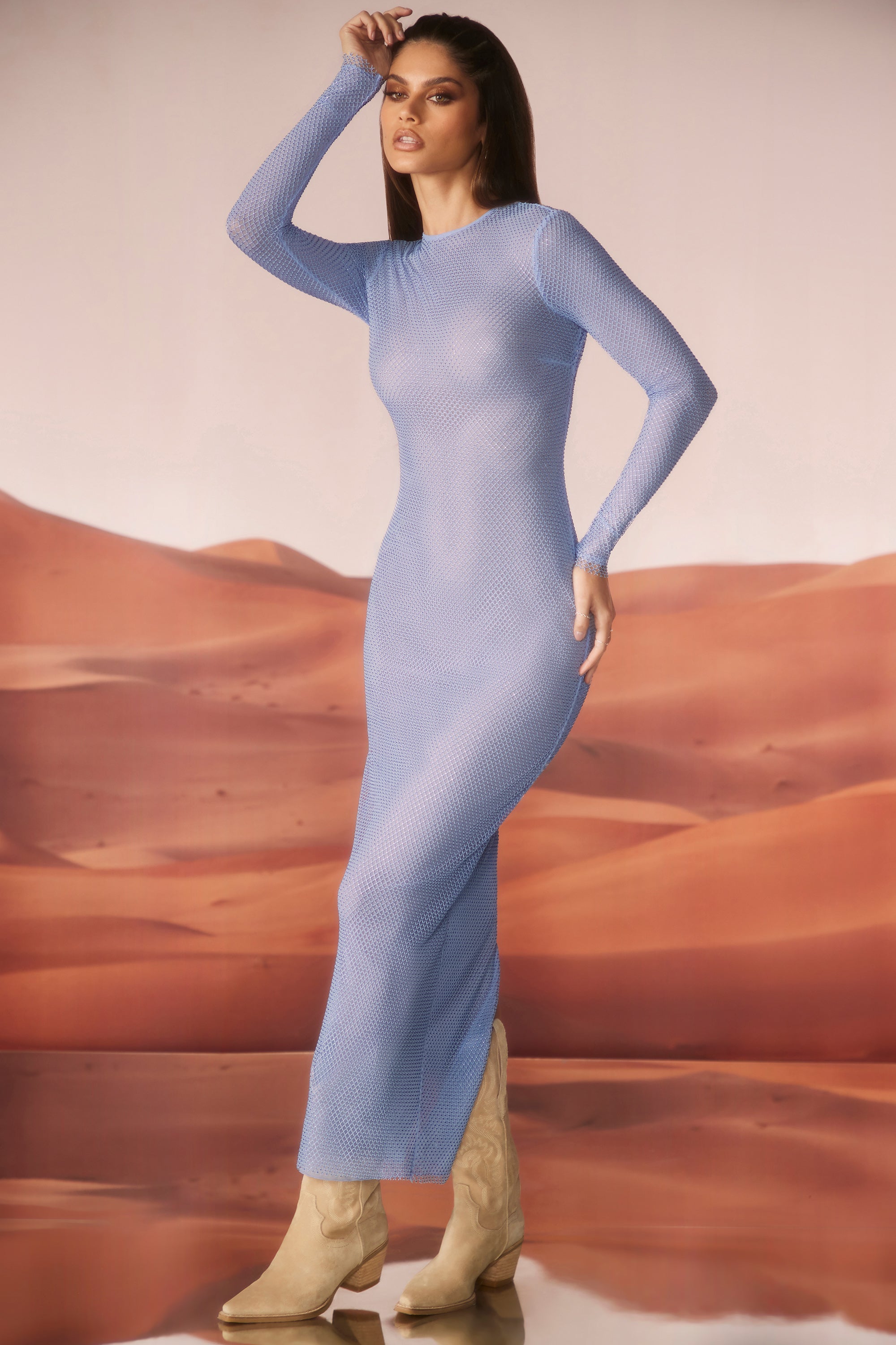 Yasmin Embellished Long Sleeve Maxi Dress in Blue - Image 9