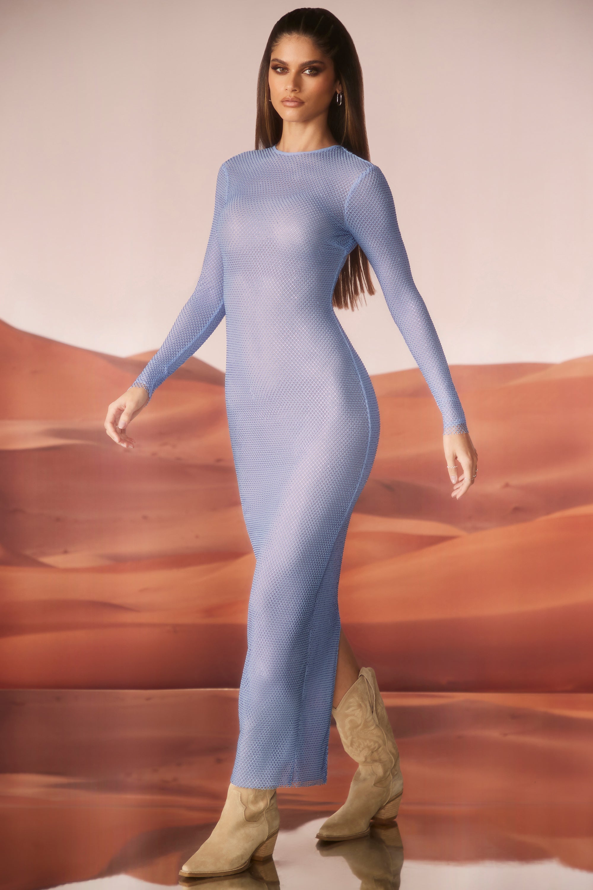 Yasmin Embellished Long Sleeve Maxi Dress in Blue - Image 10