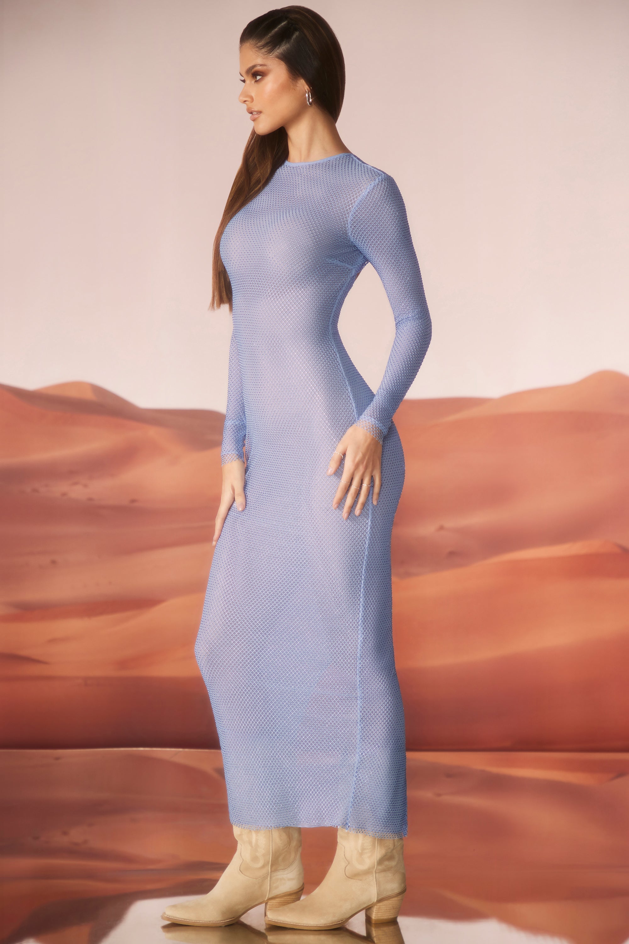 Yasmin Embellished Long Sleeve Maxi Dress in Blue - Image 3