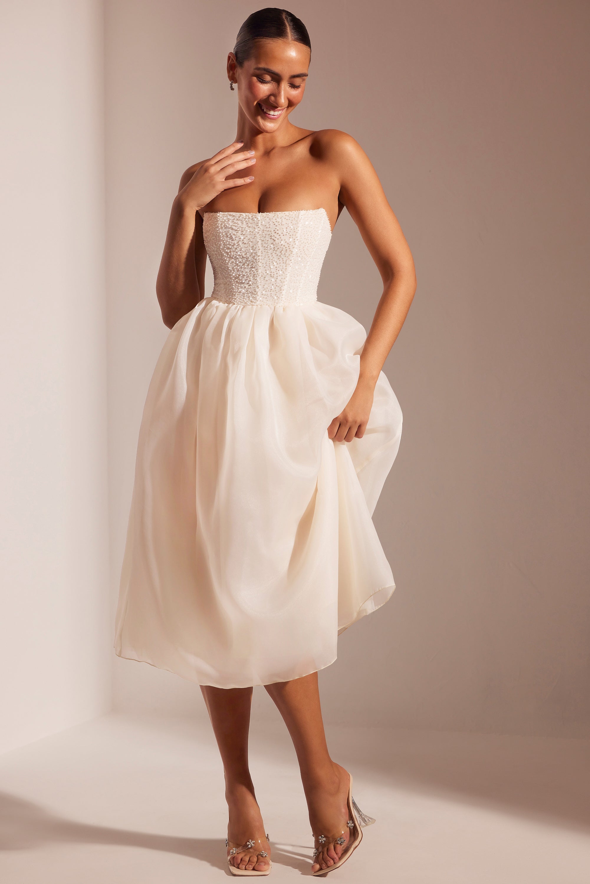 Rosette Embellished Corset Tulle Skirt Midi Dress in Ivory - Image 7