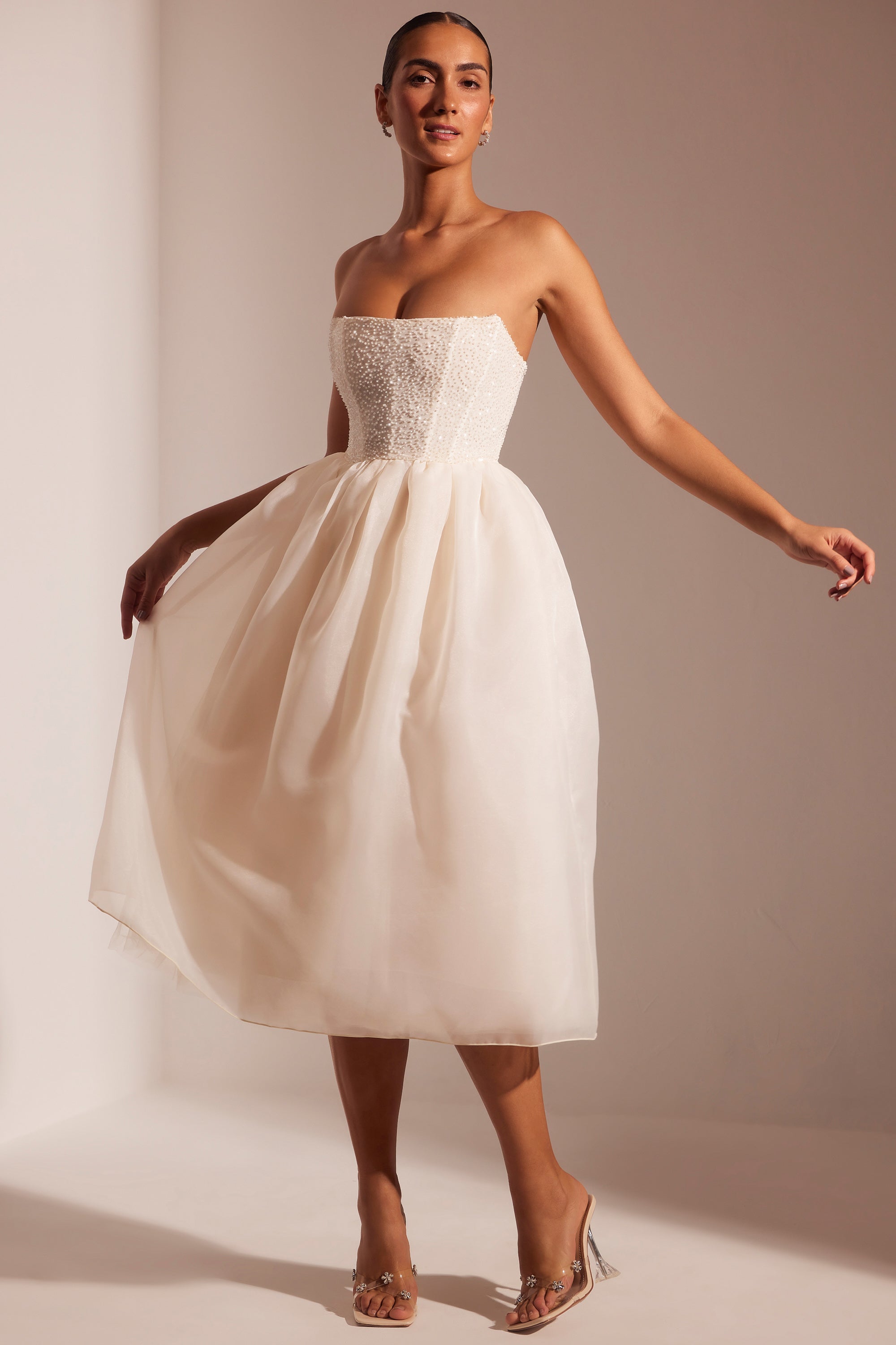 Rosette Embellished Corset Tulle Skirt Midi Dress in Ivory - Image 8