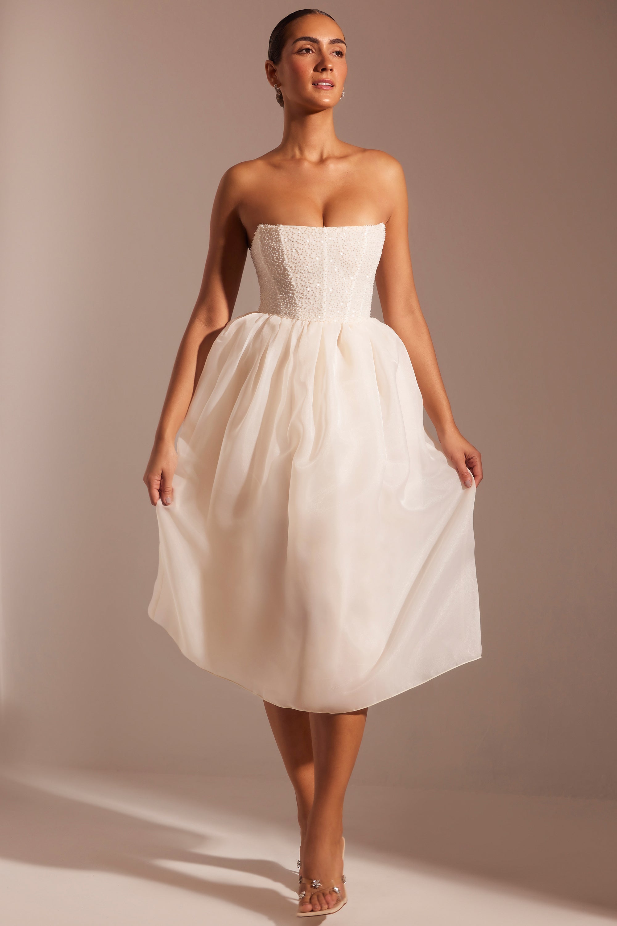 Rosette Embellished Corset Tulle Skirt Midi Dress in Ivory - Image 9