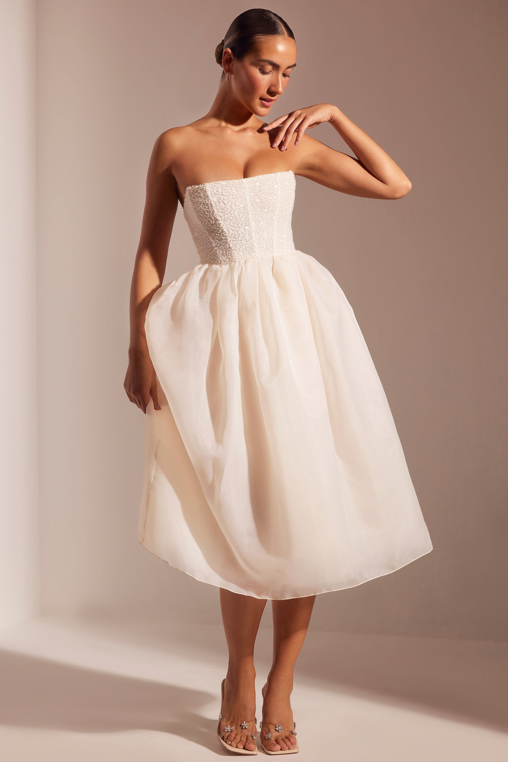 Rosette Embellished Corset Tulle Skirt Midi Dress in Ivory - Image 10