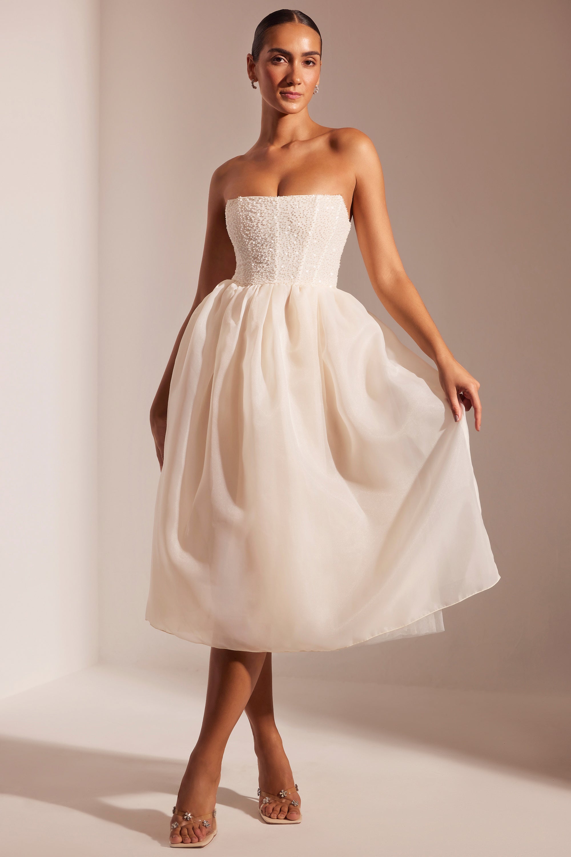 Rosette Embellished Corset Tulle Skirt Midi Dress in Ivory - Image 6