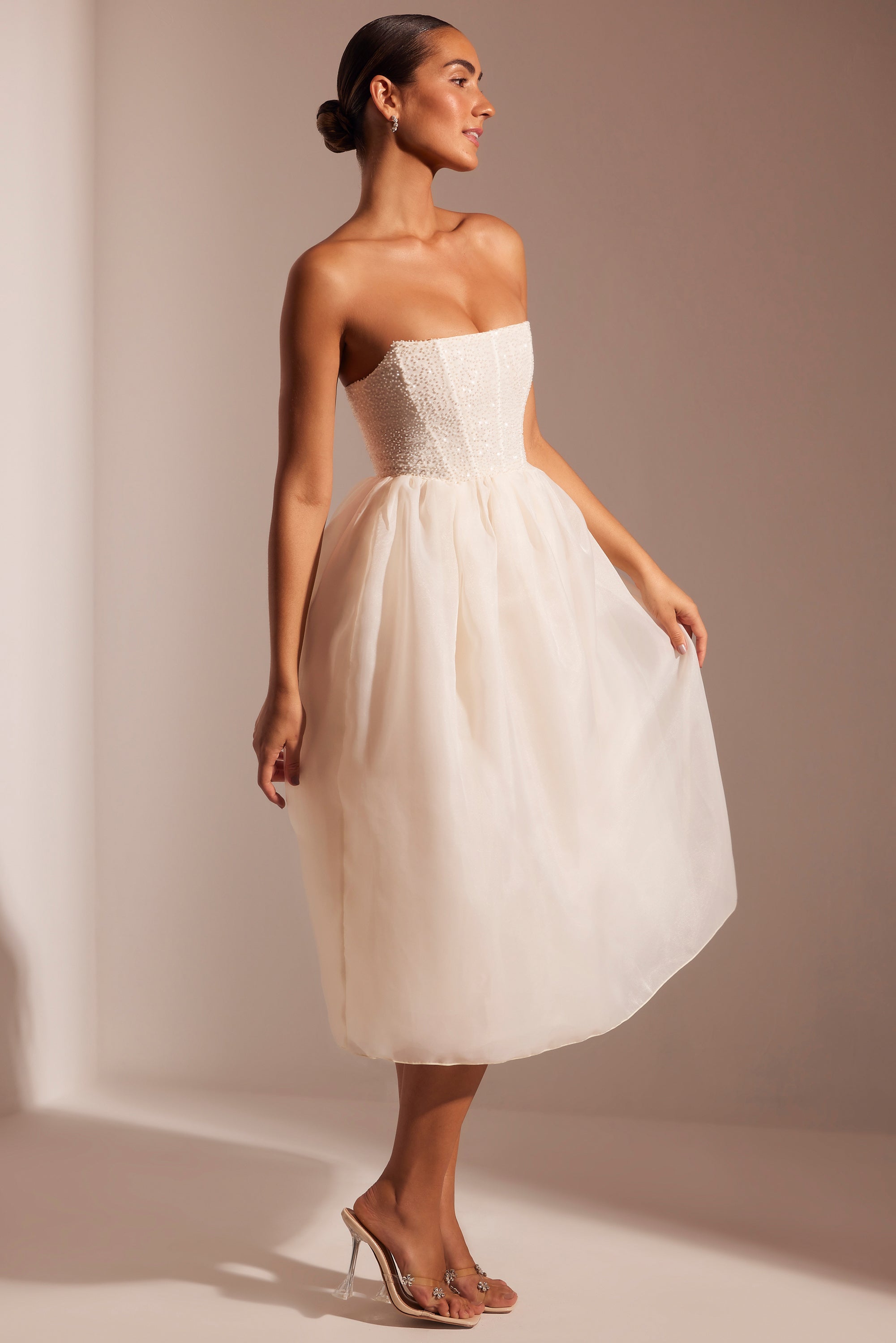 Rosette Embellished Corset Tulle Skirt Midi Dress in Ivory - Image 3