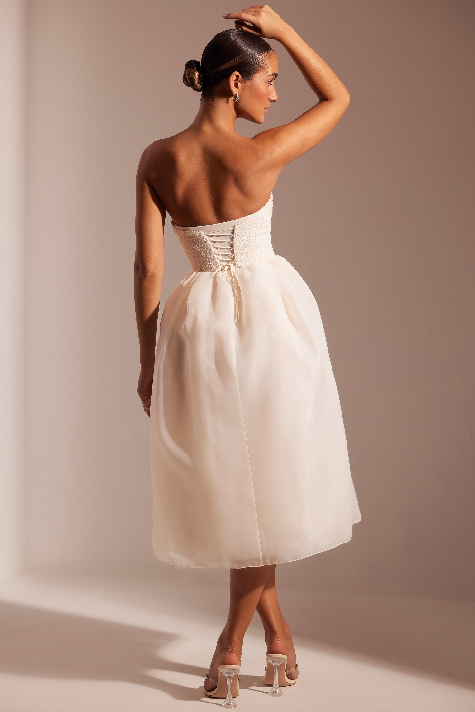 Rosette Embellished Corset Tulle Skirt Midi Dress in Ivory - Image 2