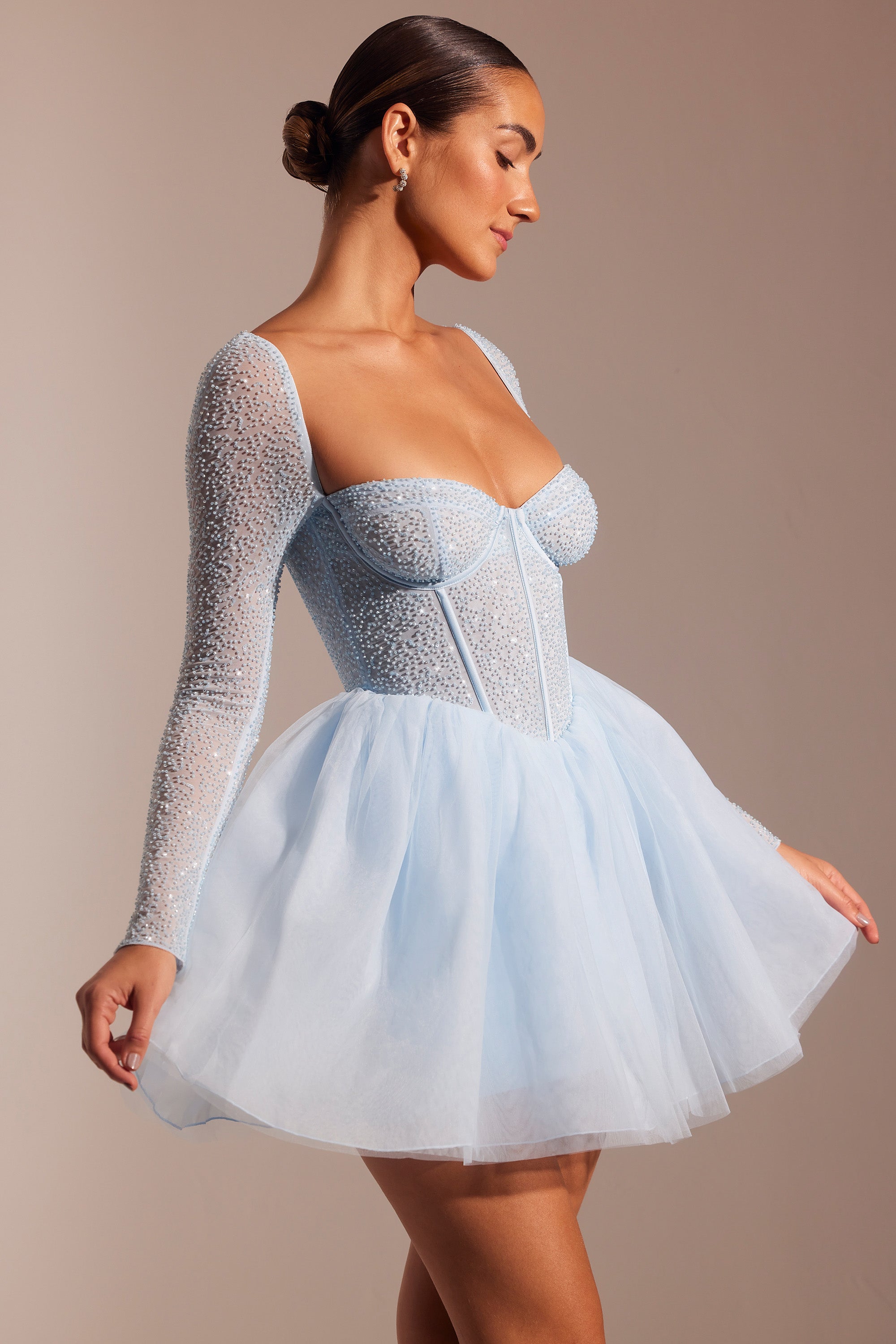 Calliope Embellished Long Sleeve Tulle Skirt Mini Dress in Blue - Image 9