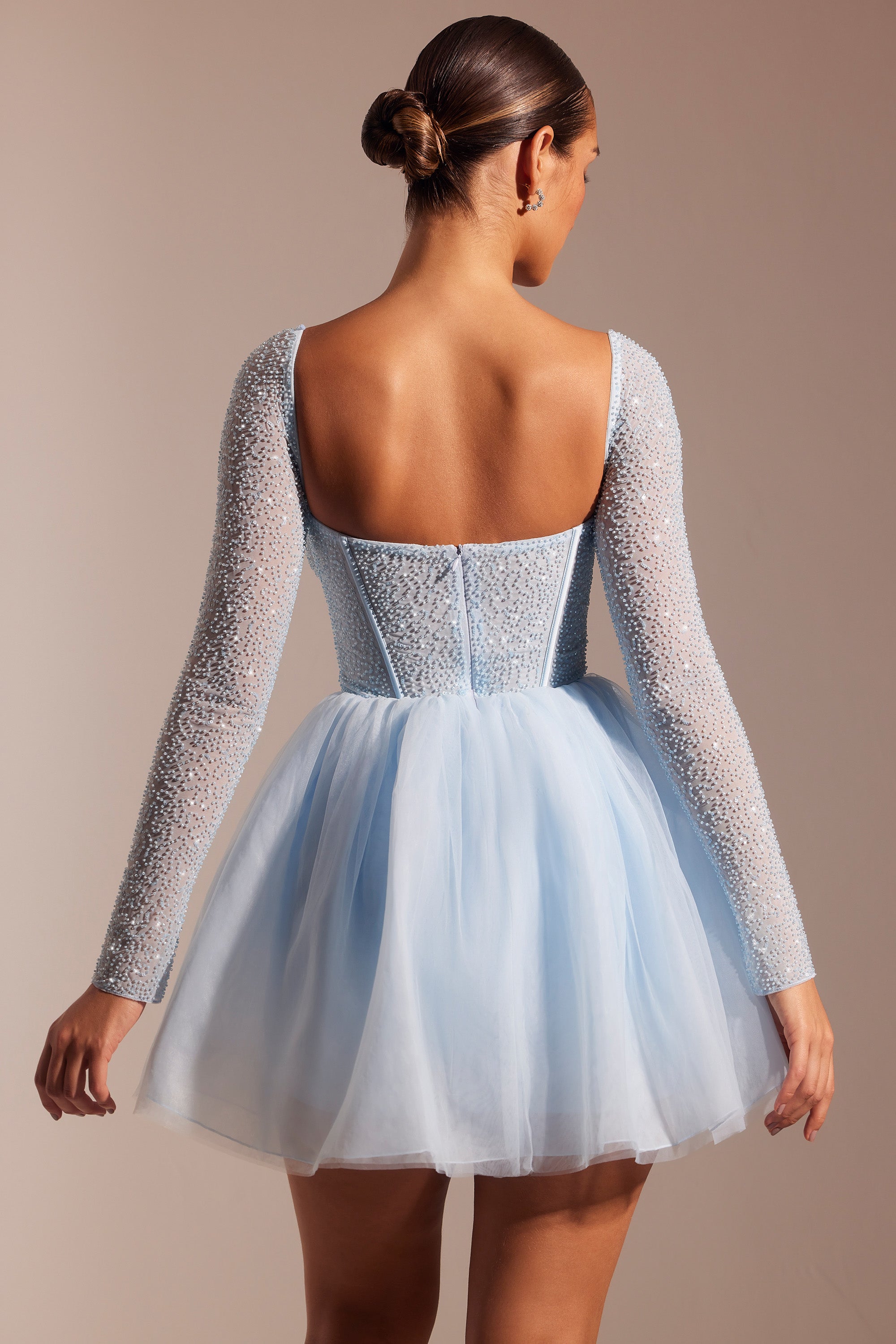 Calliope Embellished Long Sleeve Tulle Skirt Mini Dress in Blue - Image 2