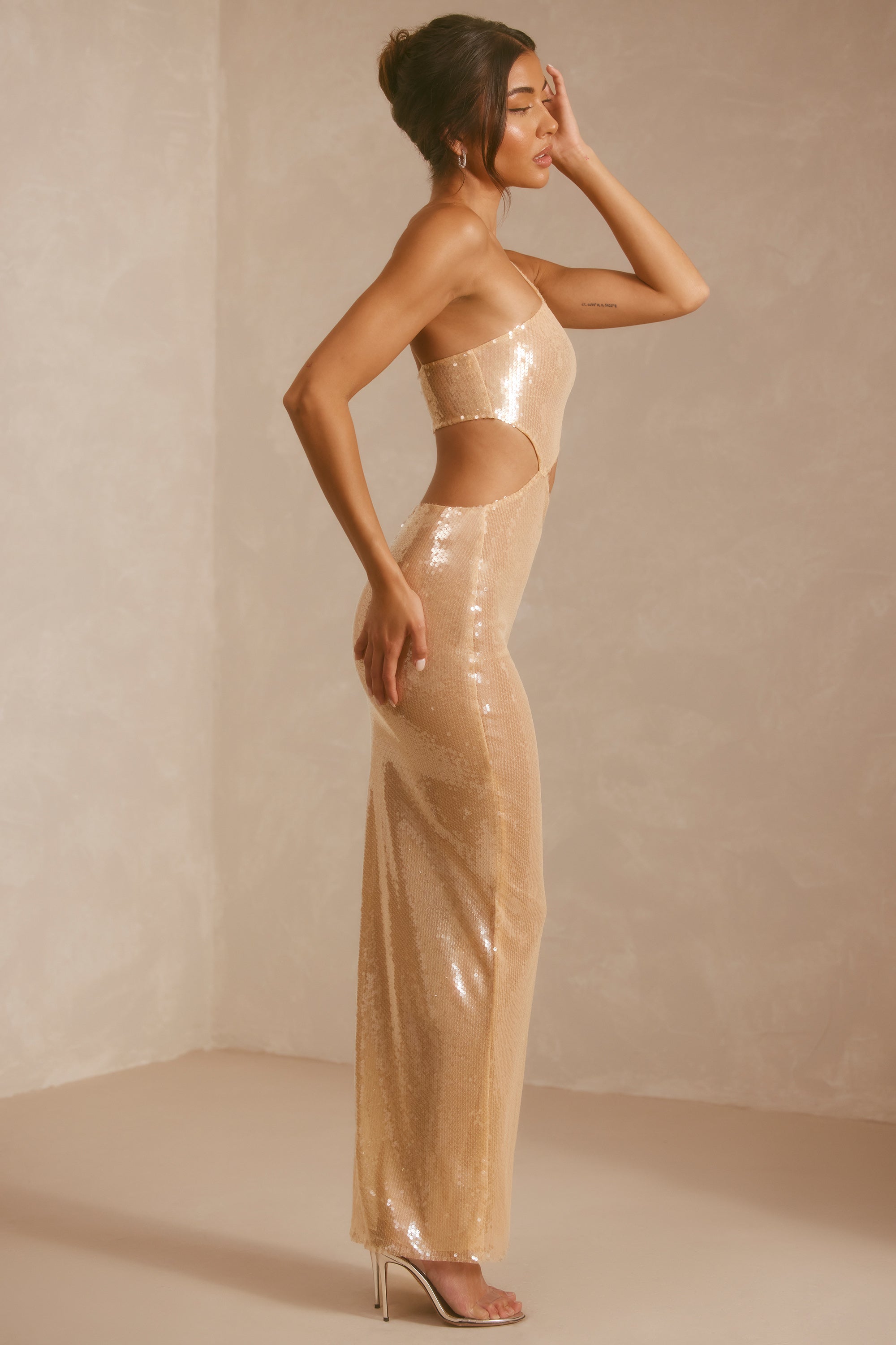Isabel Sequin One Shoulder Cut Out Maxi Dress in Tan - Image 15