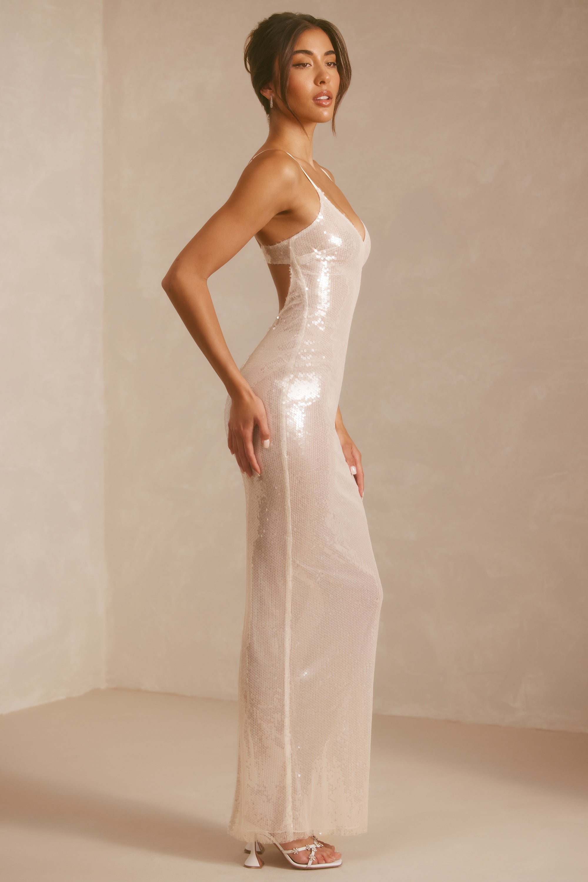 Marlena Sequin V-Neck Cut Out Back Evening Gown in White - Image 7