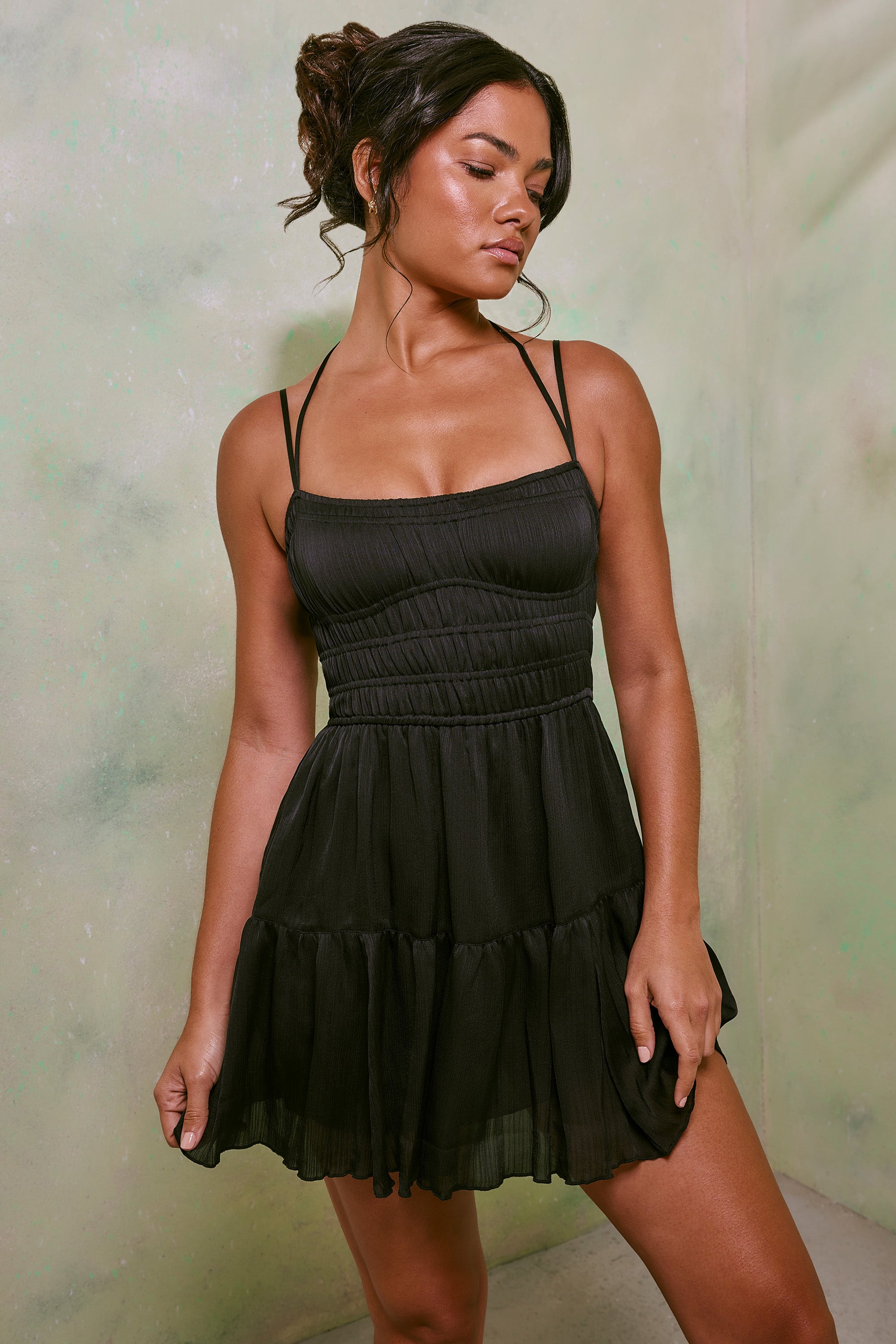 Clelia Shirred Bodice A-Line Mini Dress in Black