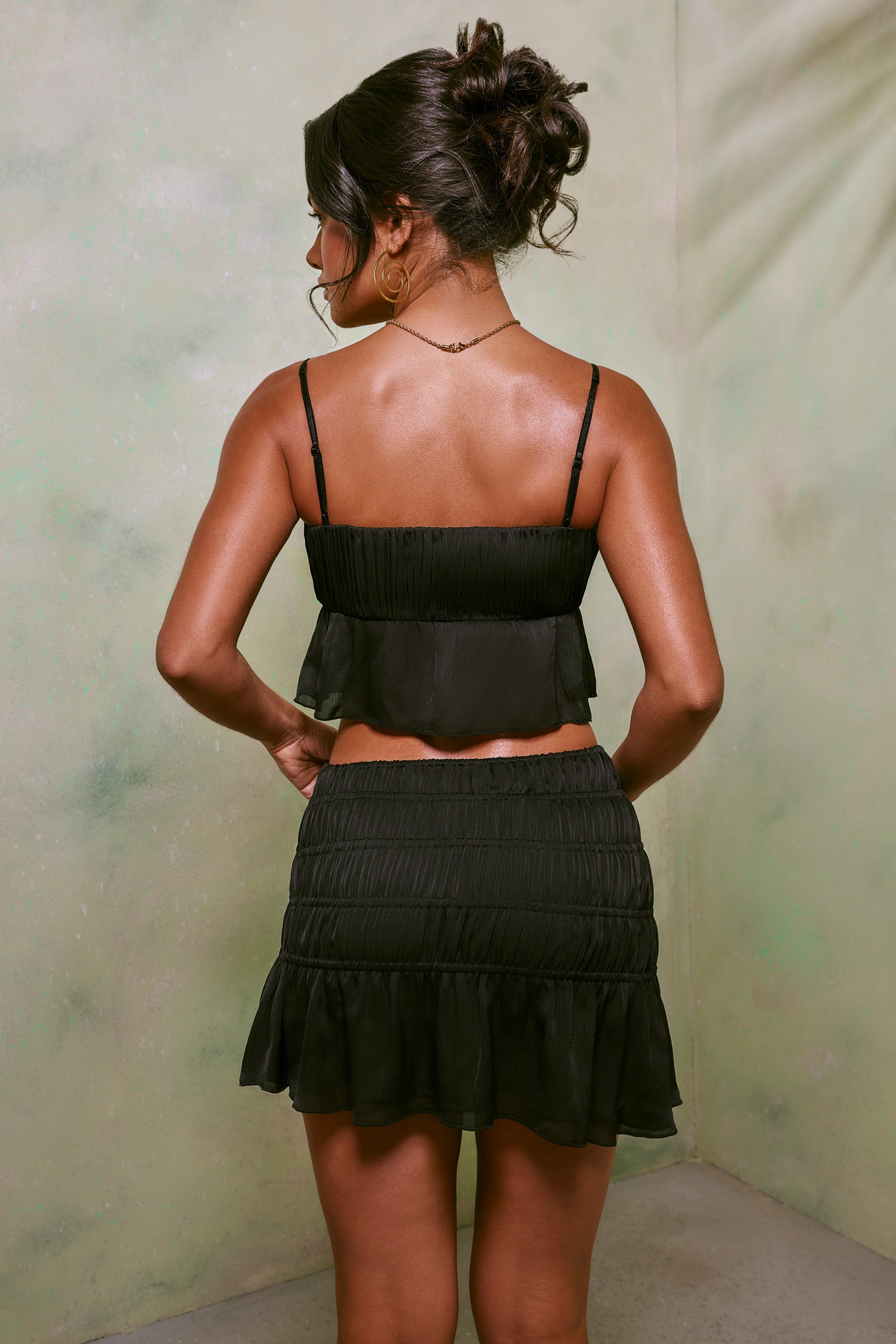 Dina Shirred Tie Up Front Crop Top in Black - Image 13