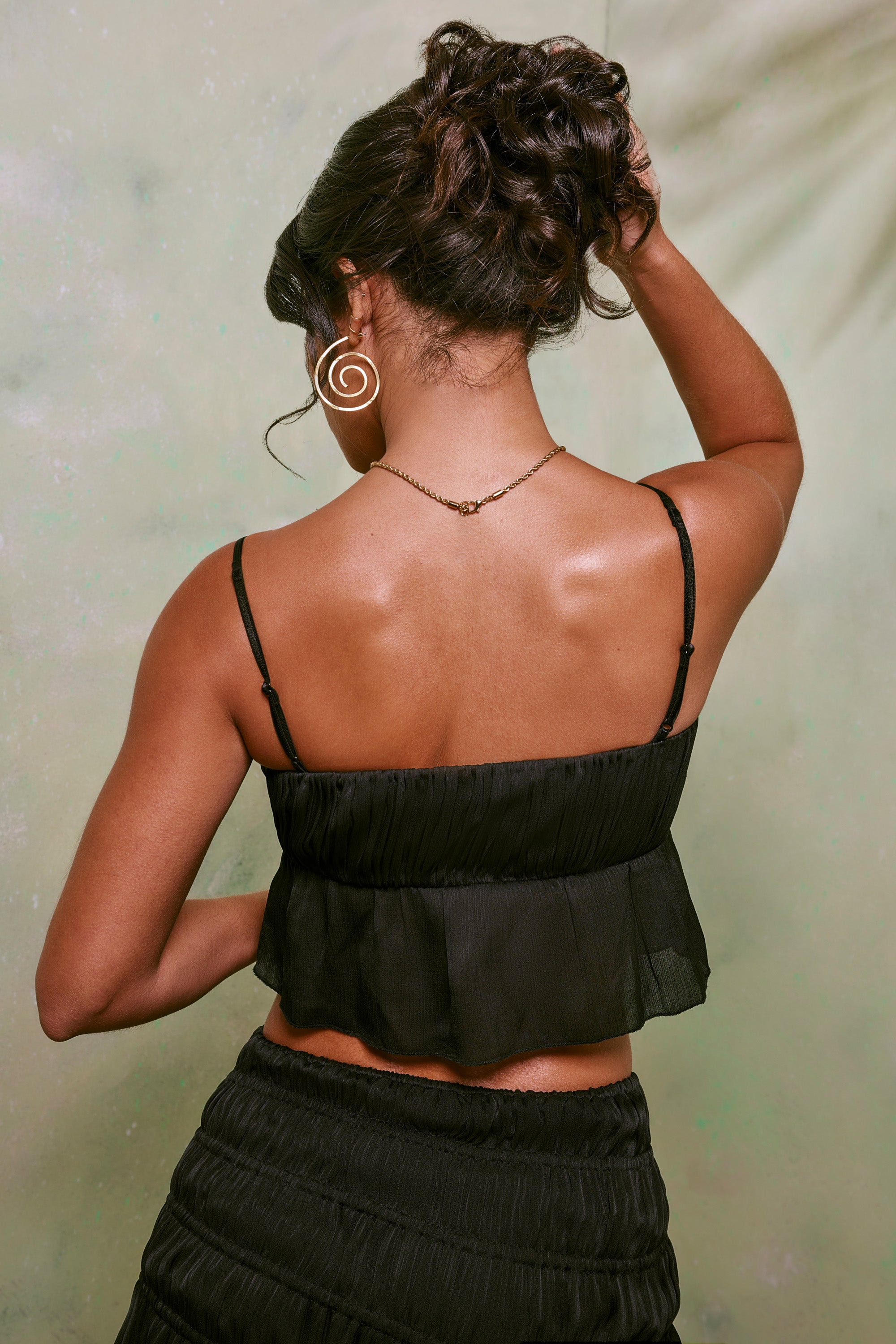 Dina Shirred Tie Up Front Crop Top in Black - Image 3