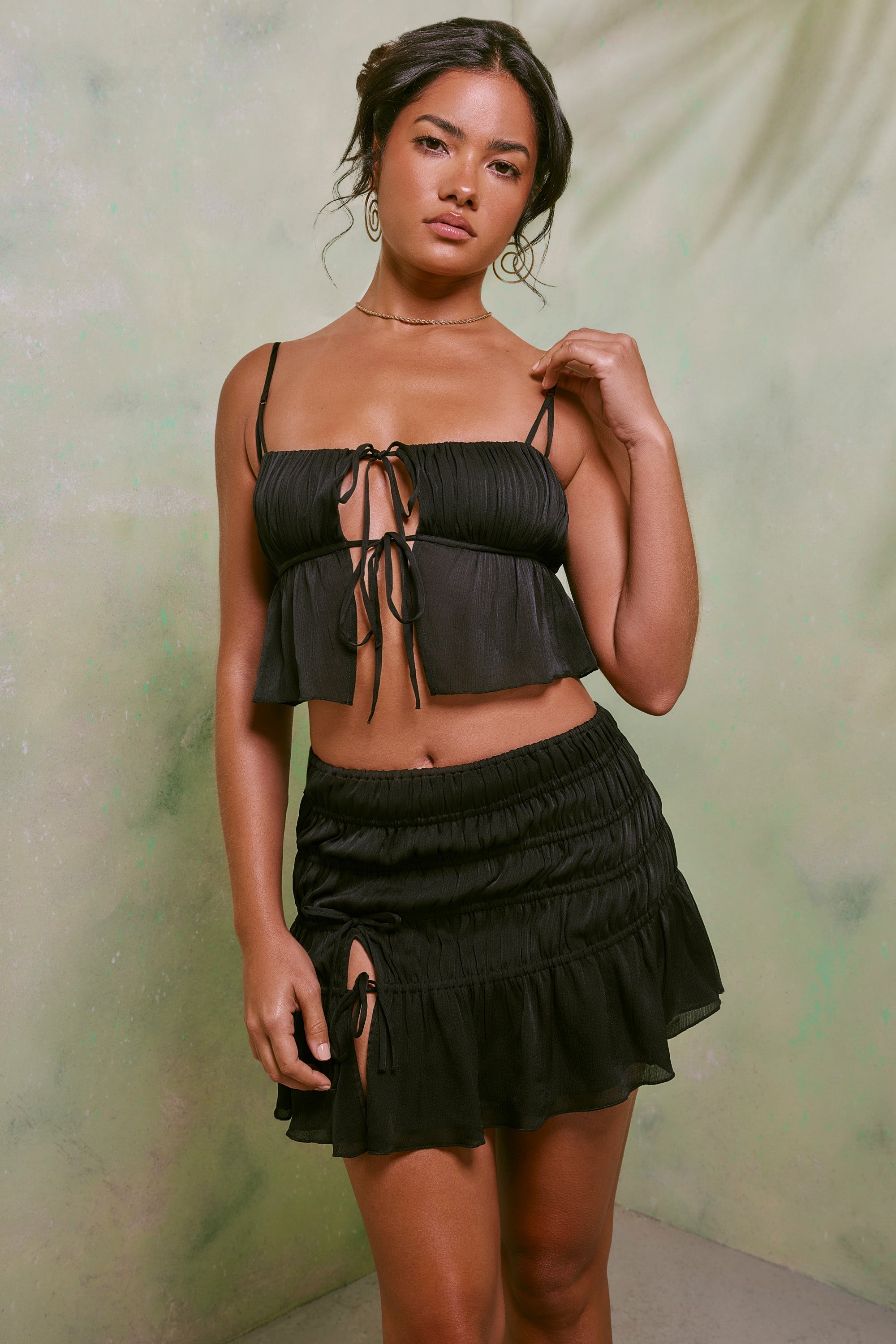Dina Shirred Tie Up Front Crop Top in Black - Image 2