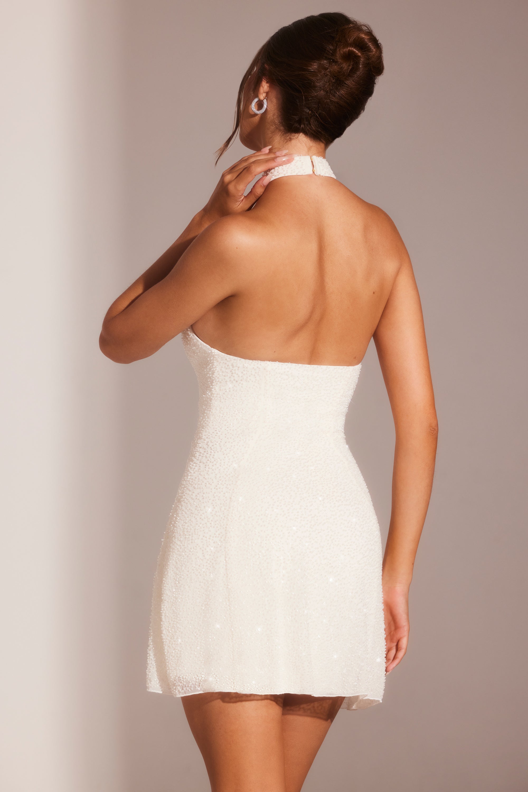 Sorrento Embellished Asymmetric Neck A-Line Mini Dress in White - Image 2